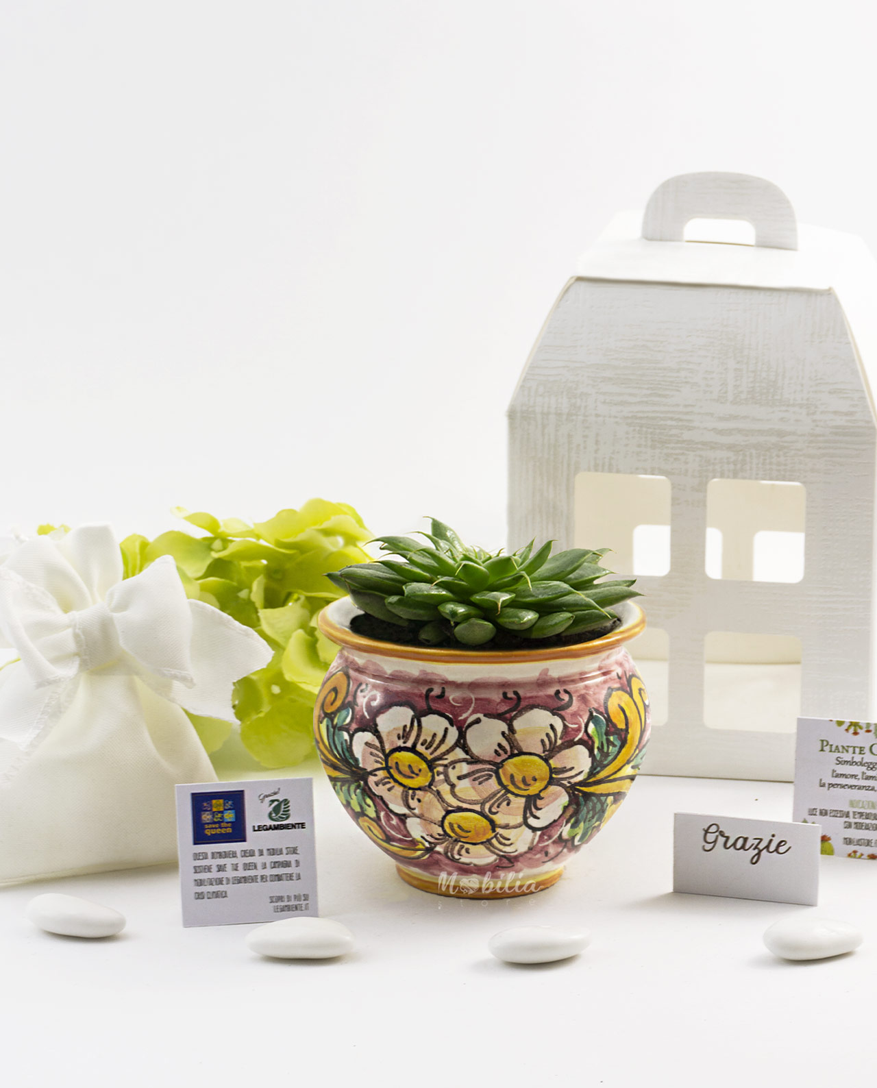 Bomboniera Legambiente pianta grassa D 6,5 cm con vaso in ceramica artigianale e lanterna
