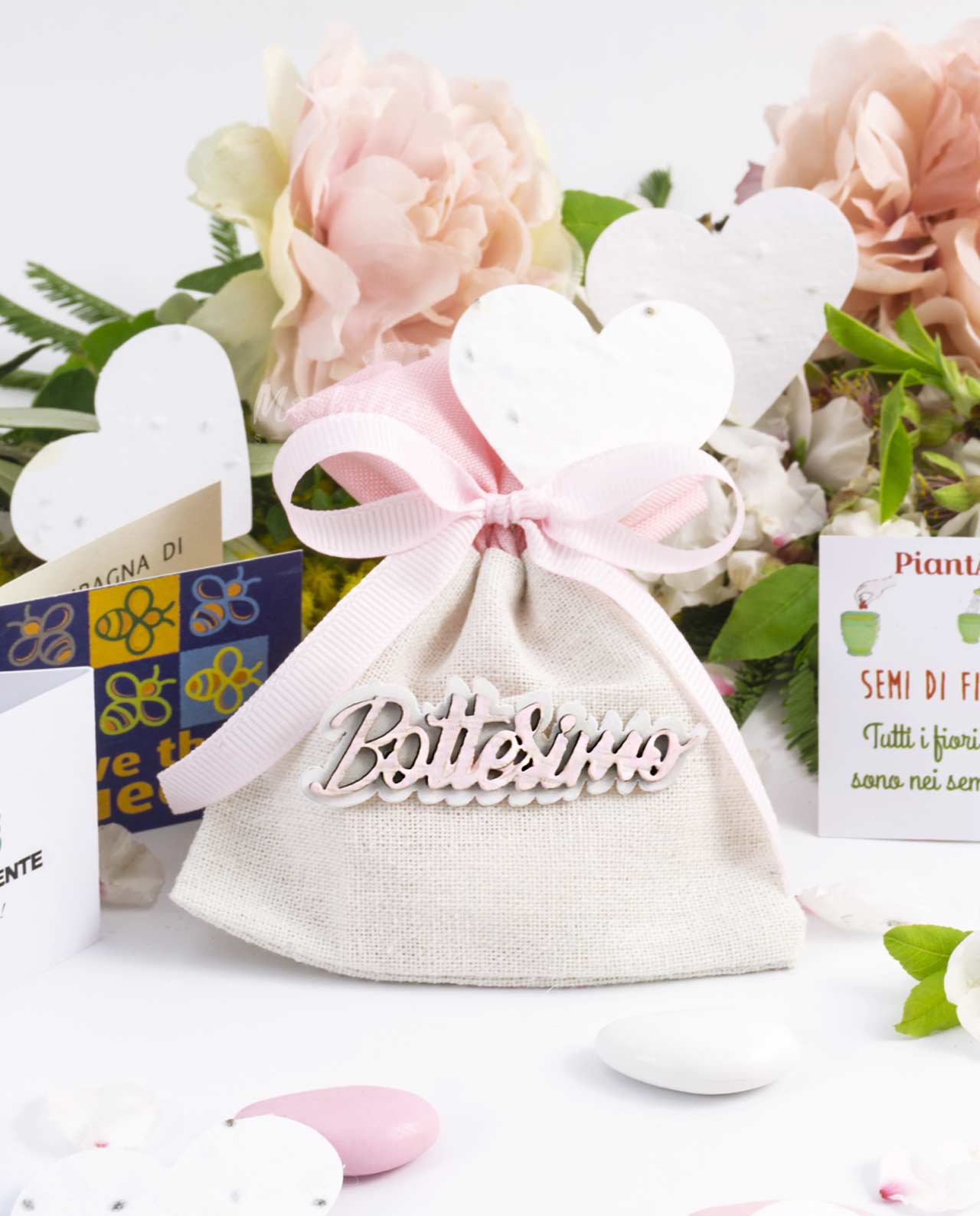 Sacchettino Legambiente in cotone con scritta Battesimo rosa e coriandoli da piantare