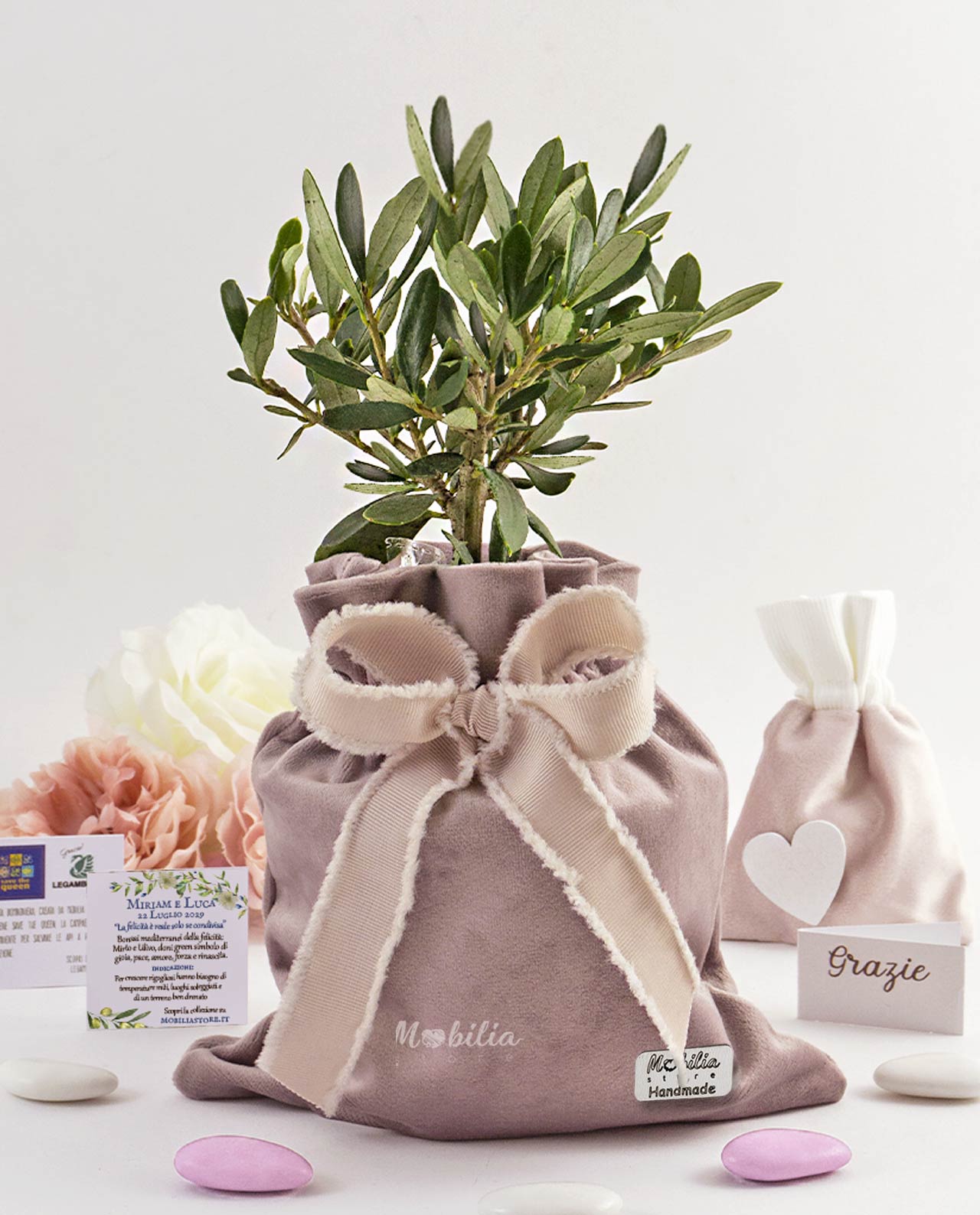 Bomboniera Legambiente piantina di ulivo D 10 cm con sacchetto maxi in velluto rosa
