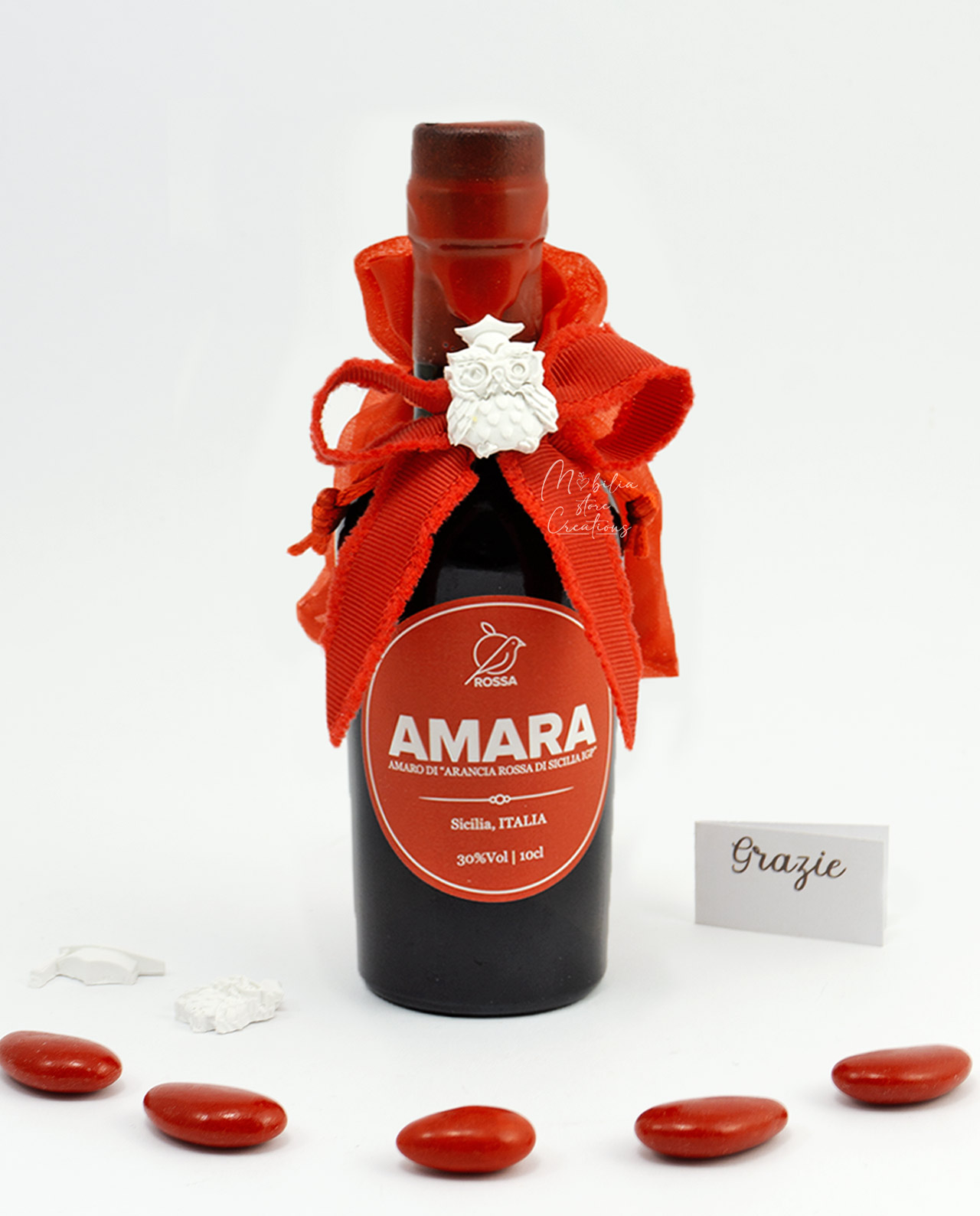 Bomboniera liquore amaro Amara con sacchetto rosso