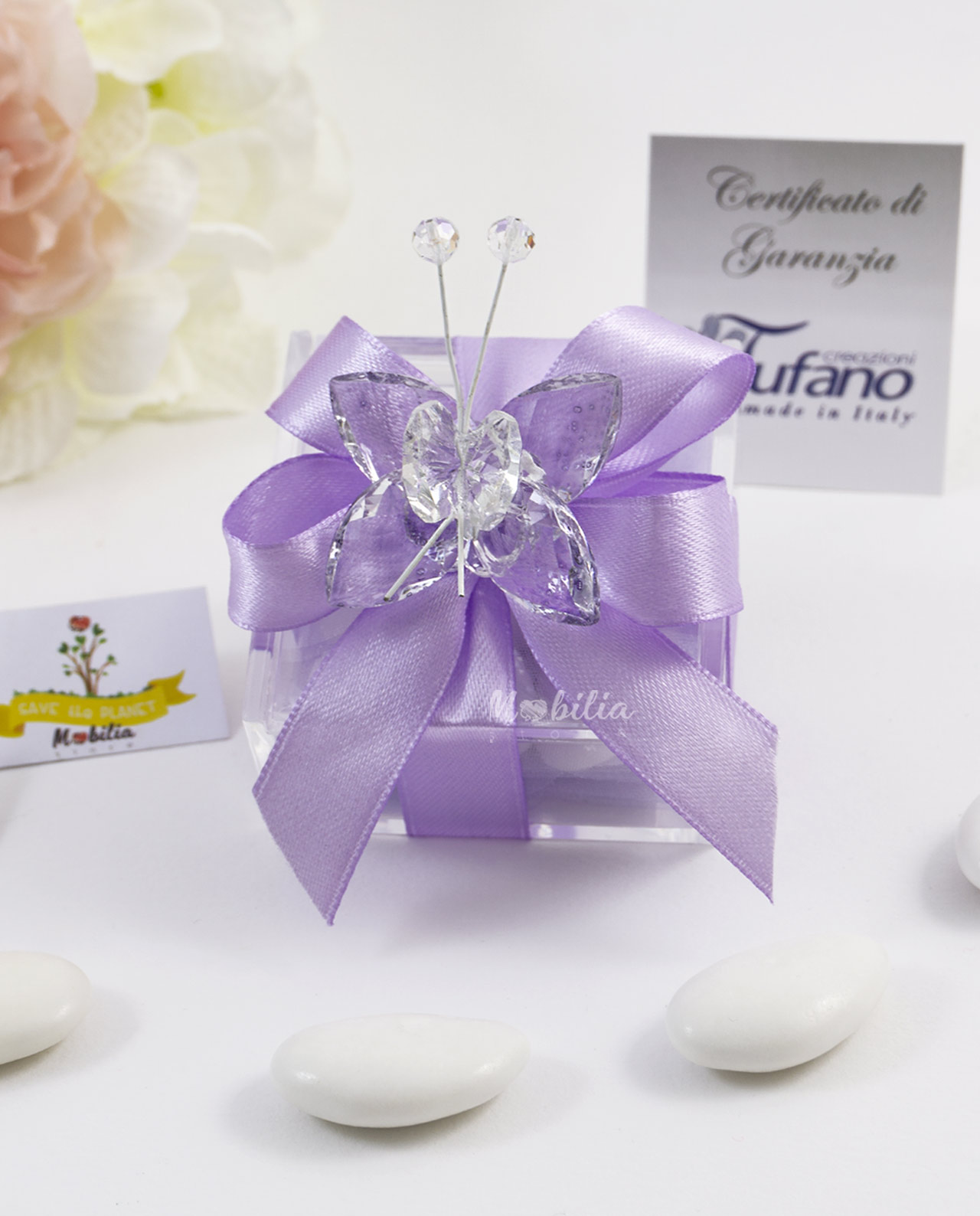 Bomboniera magnete farfalla Tufano in cristallo Swarovski lilla o rosa su scatolina