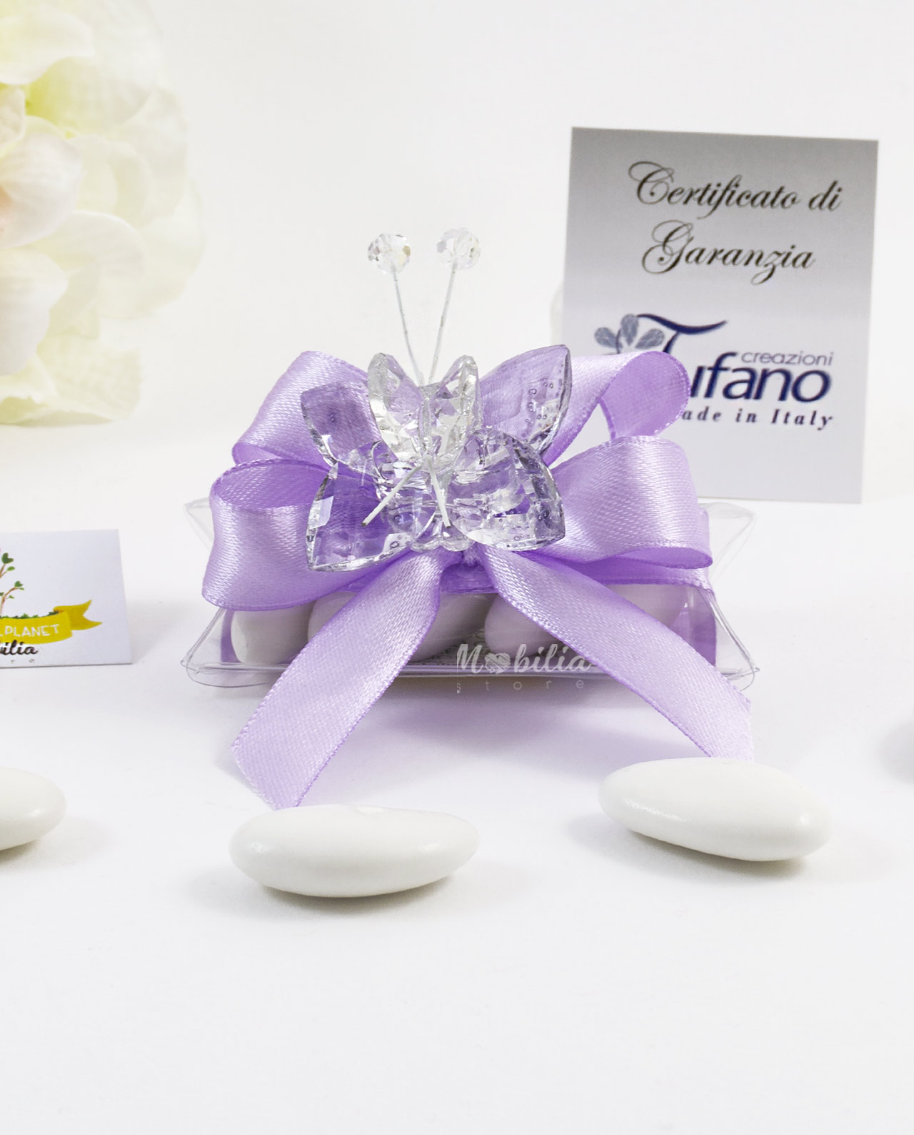 Bomboniera magnete farfalla Tufano in cristallo Swarovski lilla o rosa su tubicino