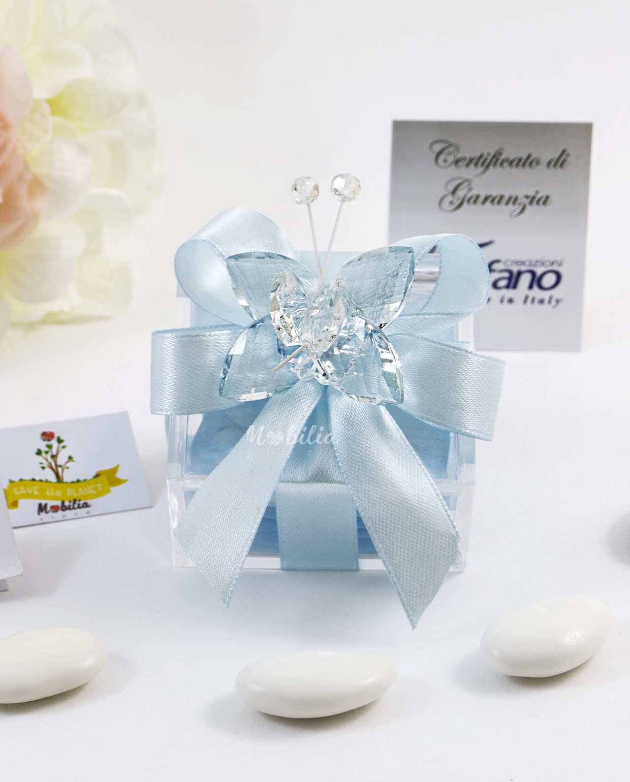 Bomboniera magnete farfalla Tufano in cristallo Swarovski azzurra su scatolina