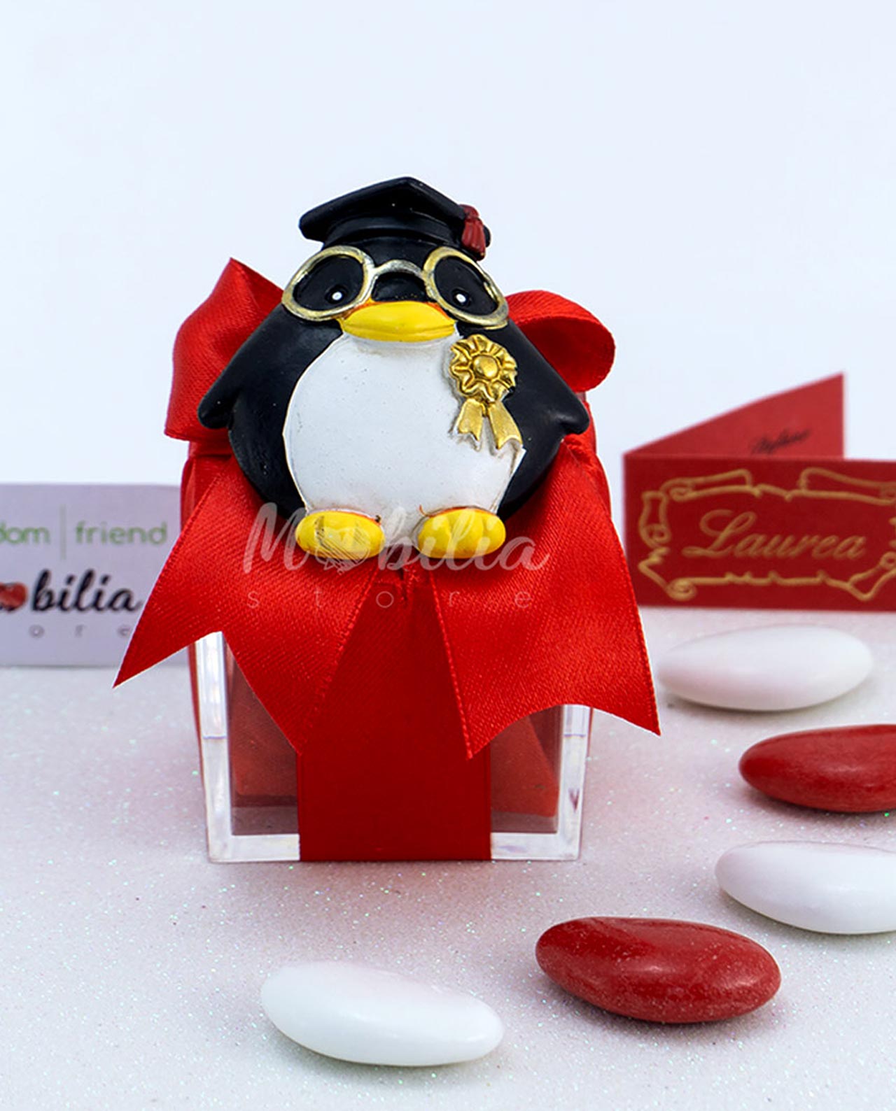 Pinguino laureato con magnete su scatolina plexiglass