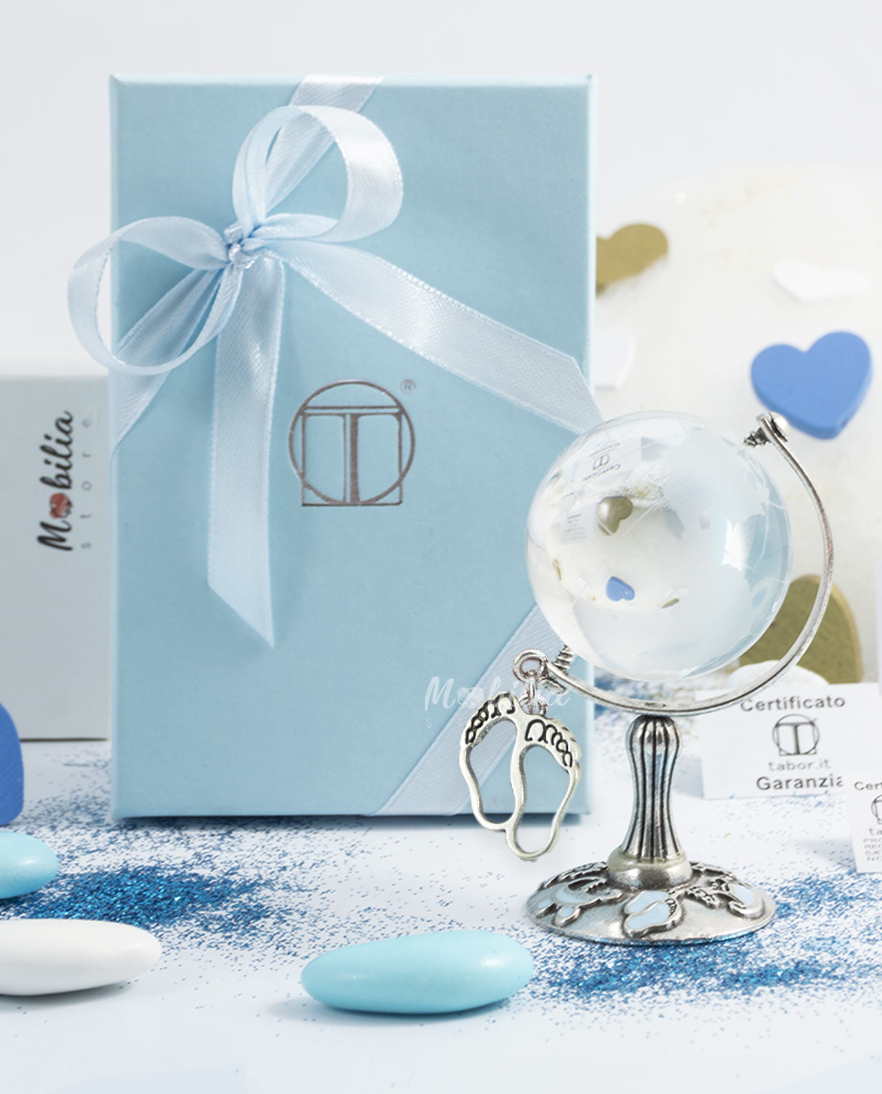 Bomboniera mappamondo con ciondolo baby e base smaltata azzurra bagno argento Tabor