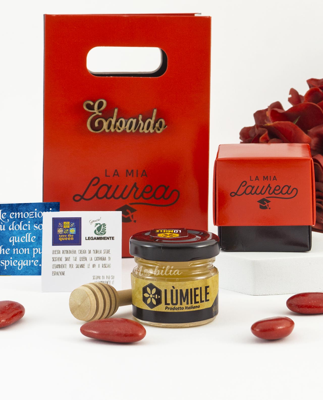 Bomboniera Legambiente creme spalmabili con scritta personalizzata e bag laurea