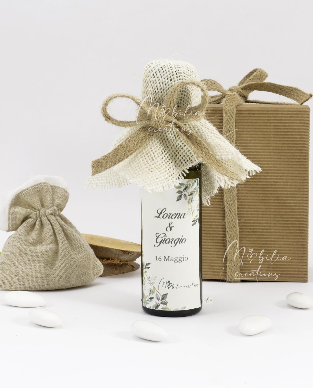 Bomboniera bottiglia di olio evo italiano da 100 ml personalizzabile con copri tappo in juta - Olio con sacchetto e scatola