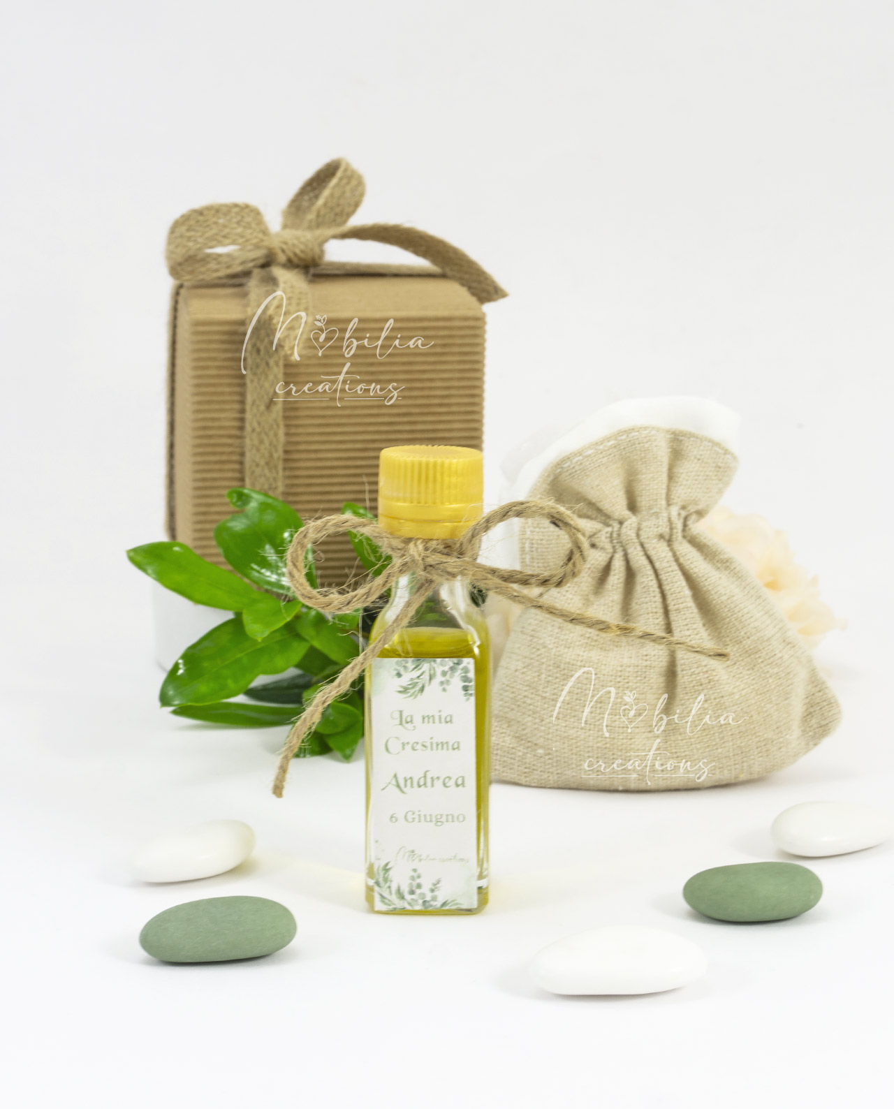 Bomboniera mini olio extravergine italiano con etichetta personalizzabile e fiocco juta