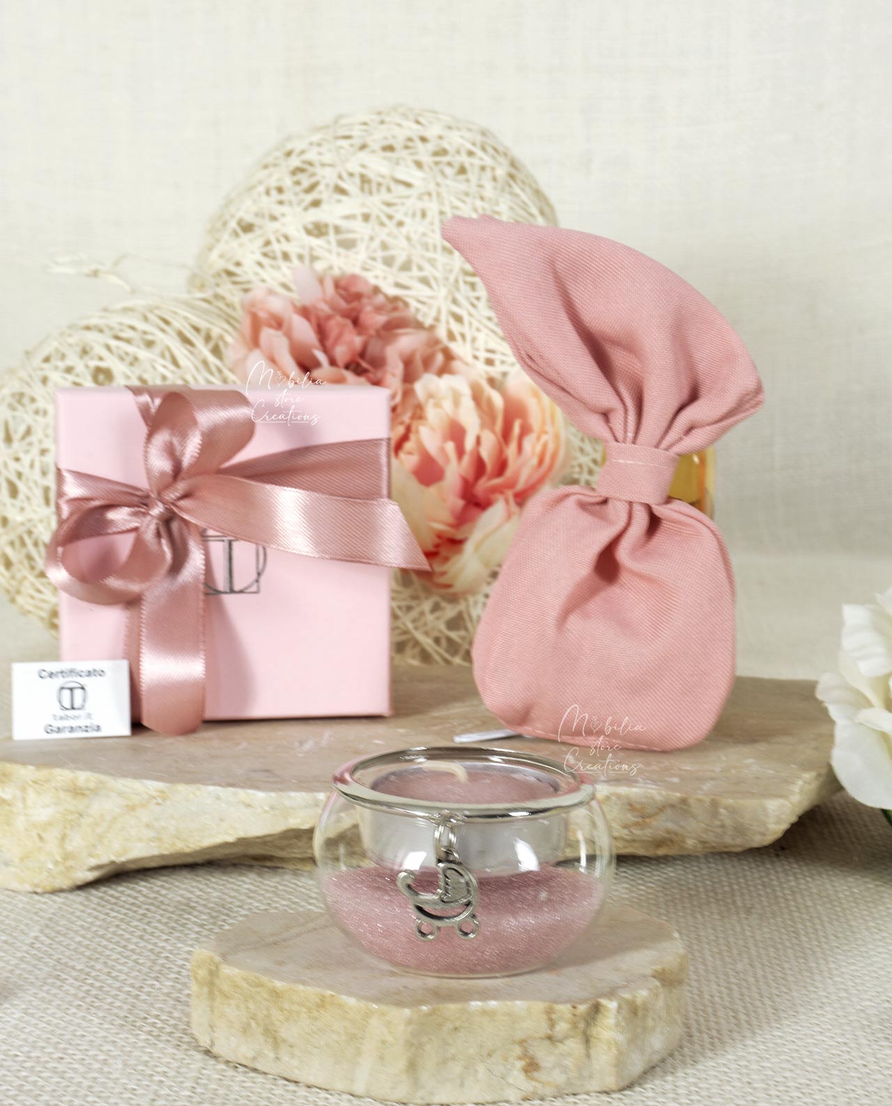 Bomboniera candela piccola con sabbia rosa e ciondolo bagno argento Tabor