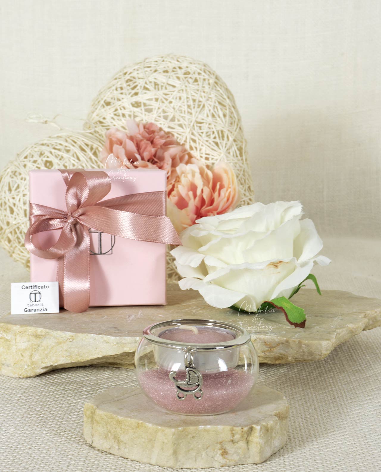 Bomboniera candela piccola con sabbia rosa e ciondolo bagno argento Tabor - immagine 6