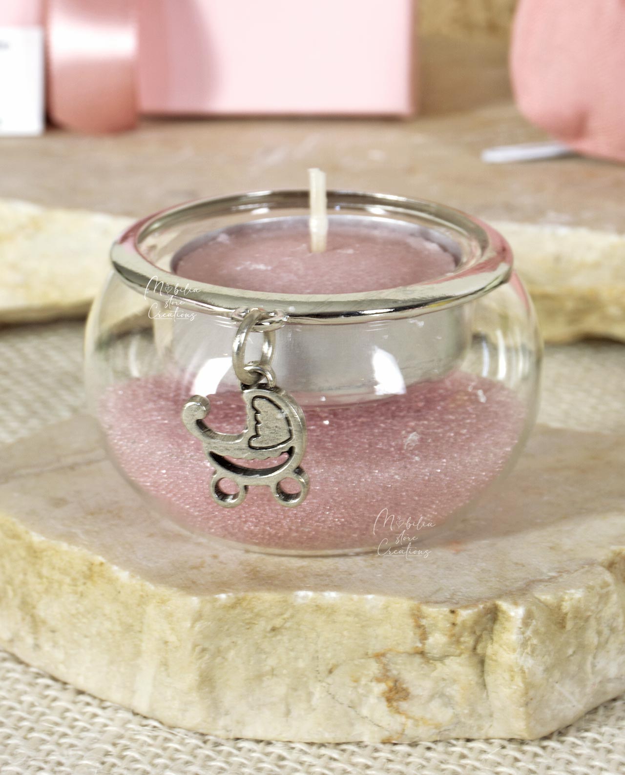 Bomboniera candela piccola con sabbia rosa e ciondolo bagno argento Tabor - immagine 3