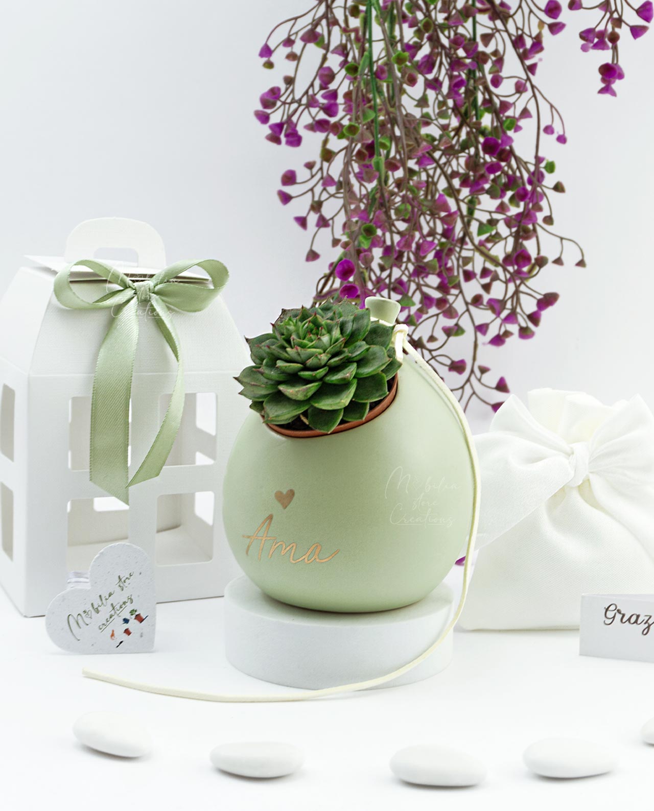 Bomboniera piantina grassa con Porta pianta palloncino satinato vari colori