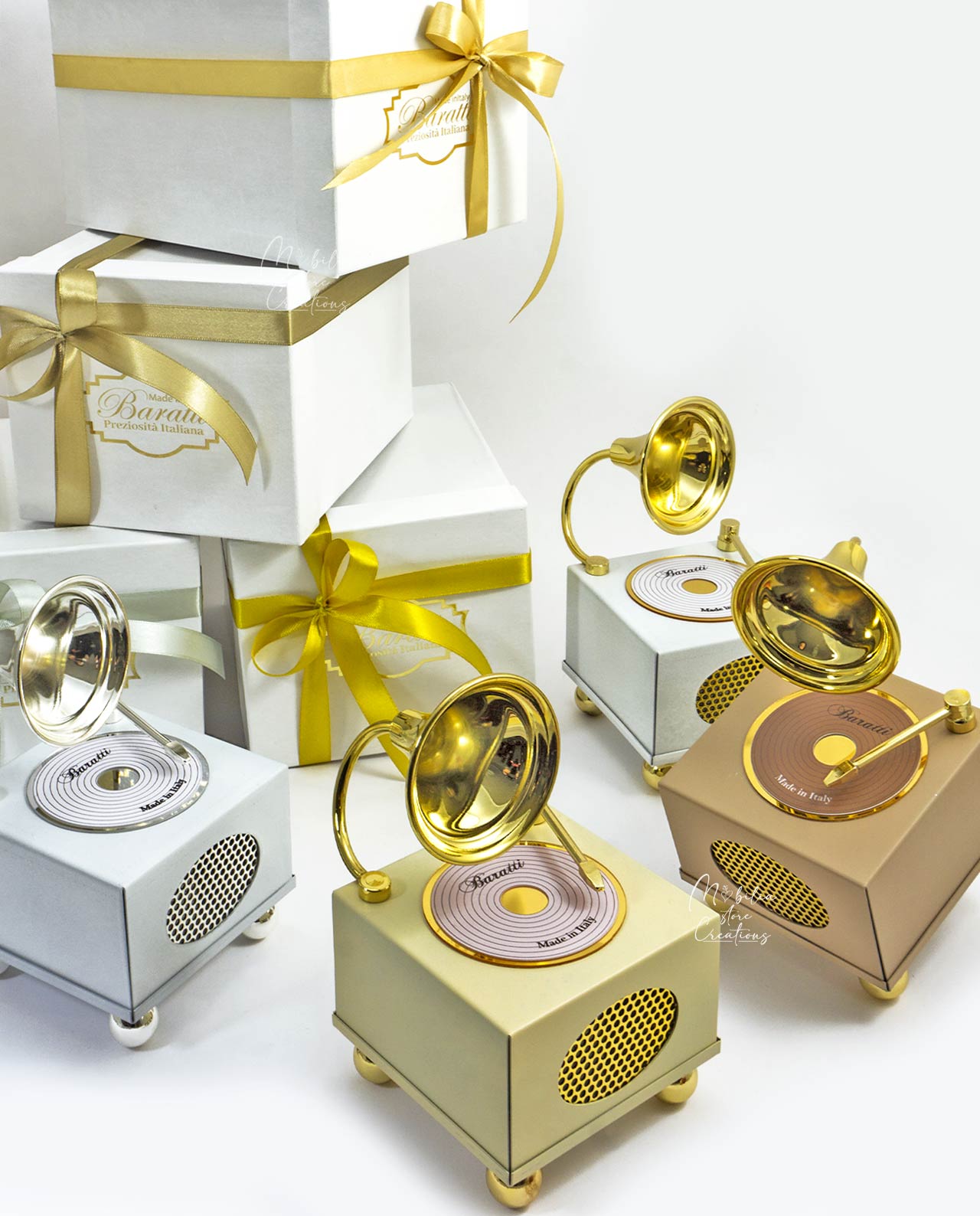 Bomboniera Grammofono bluetooth in metallo beige e oro - immagine 9