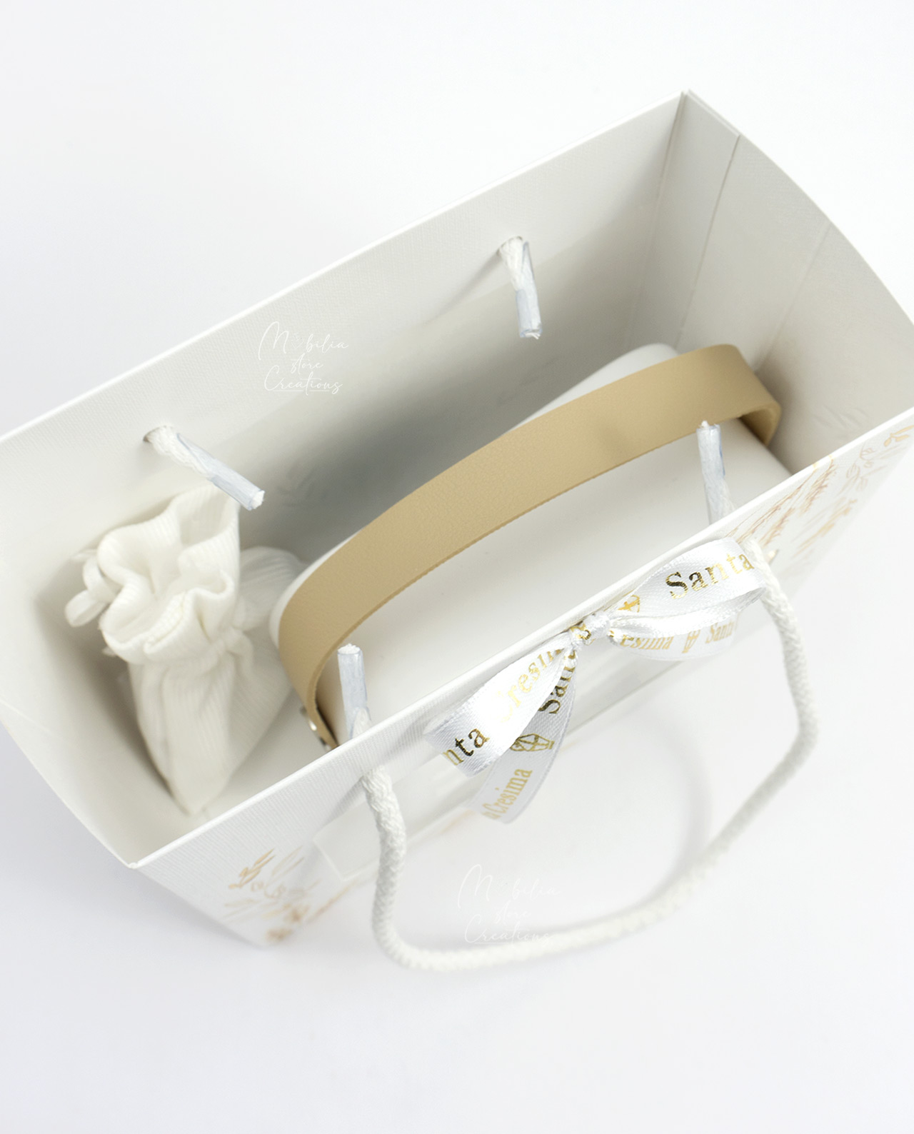 Bomboniera altoparlante bluetooth radio vintage bianca con fiocco sacro - immagine 6