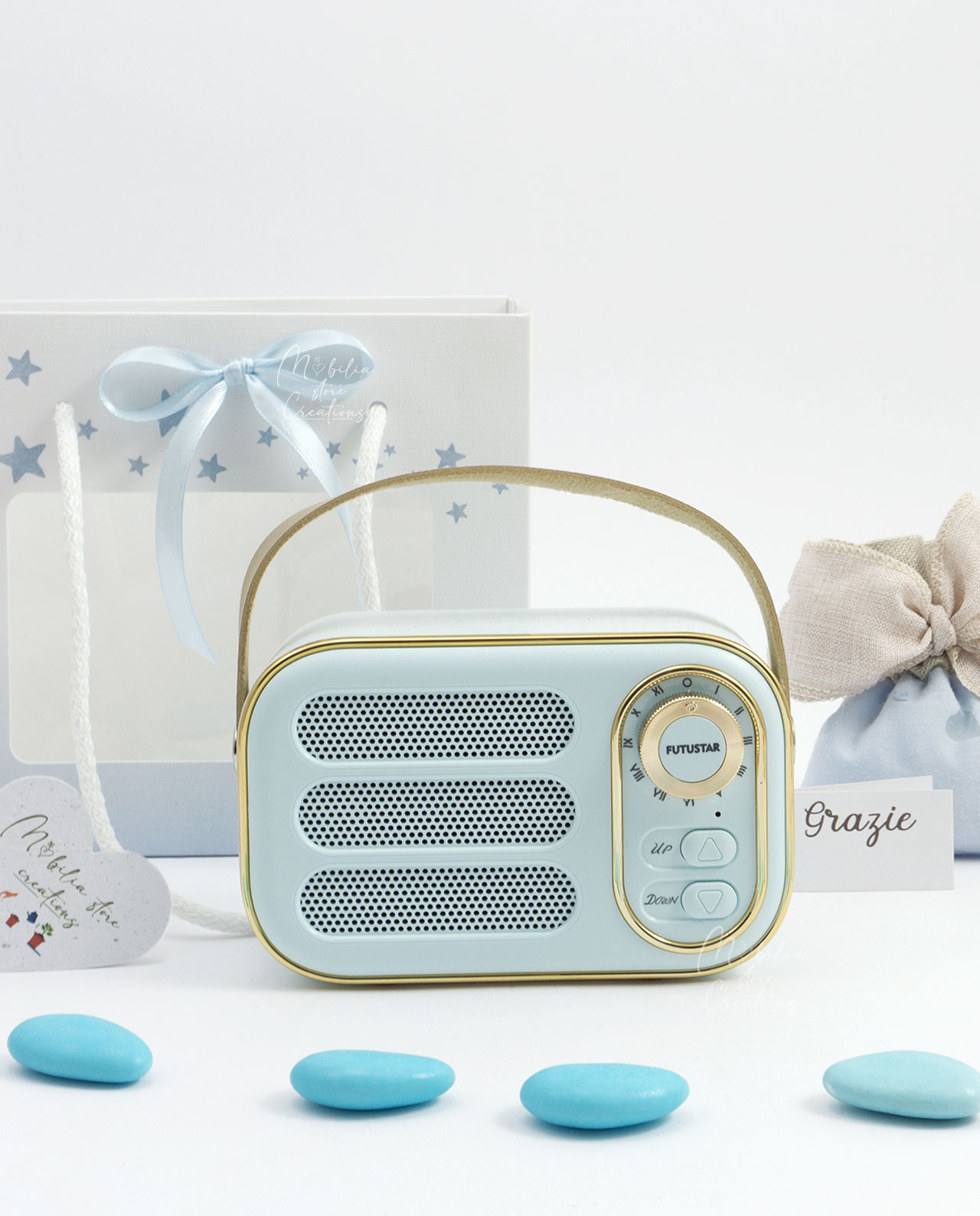 Bomboniera altoparlante bluetooth radio vintage azzurra