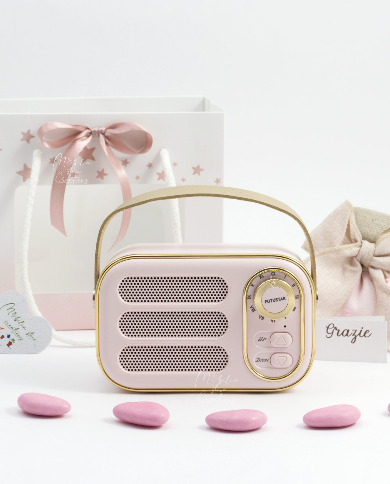 Bomboniera altoparlante bluetooth radio vintage rosa