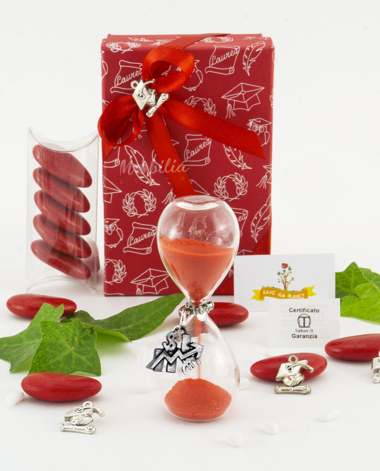 Bomboniera clessidra sabbia rossa con ciondolo spread bagno argento Tabor e tocco