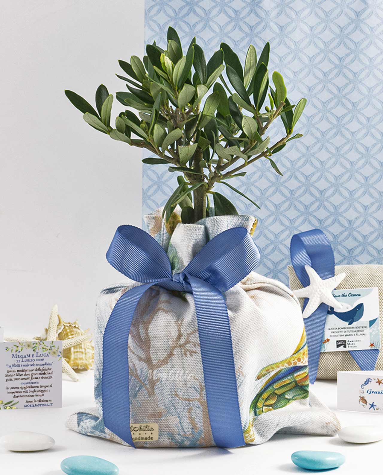 Bomboniera AMI Love is ... piantina di ulivo D 10 cm con sacchetto maxi stampa tartarughe