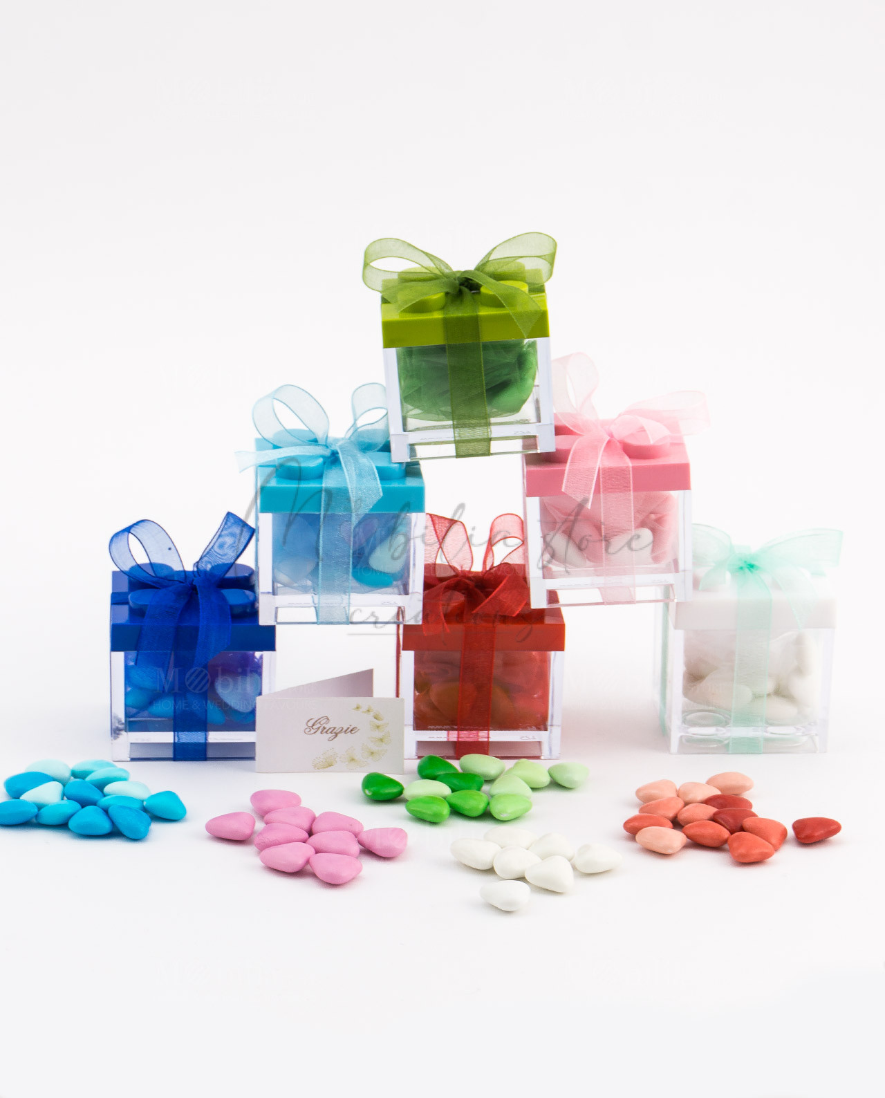 bomboniera scatolina lego mattoncino verde blu azzurro rosa roso e bianco con confetti smarties cuoricino