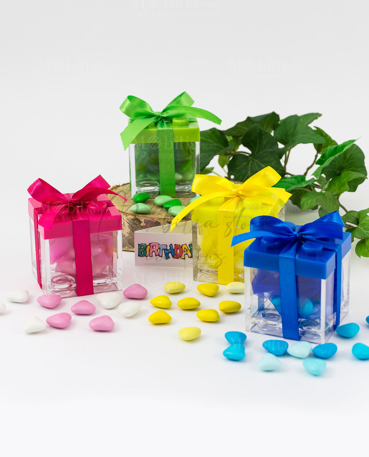 bomboniera scatolina portaconfetti lego colori assortiti con fiocco raso