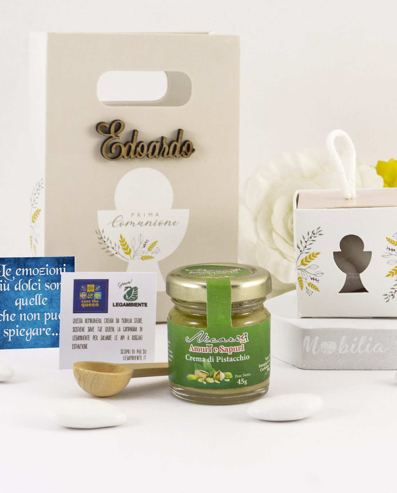 Bomboniera Legambiente creme spalmabili con scritta personalizzata e bag comunione