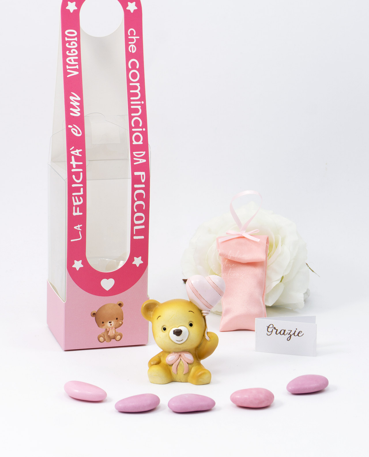 Bomboniera orsetto con palloncino rosa