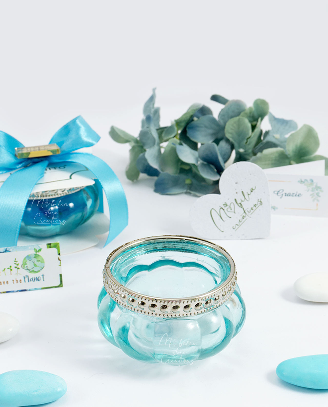Bomboniera carta da piantare in mini terrario in vetro rosa azzurro e verde