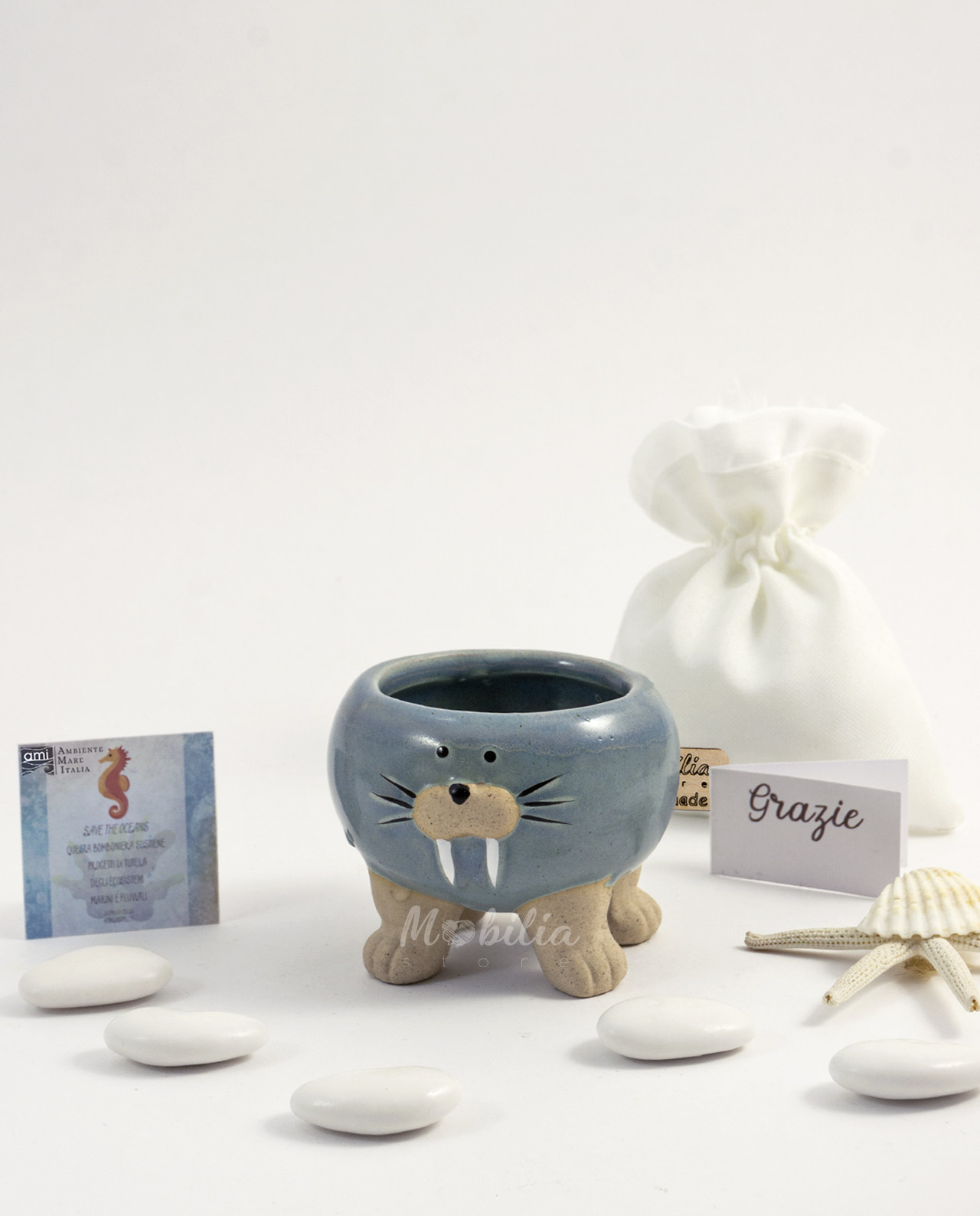 Bomboniera AMI Love is ... vasetto animali del mare blu navy con carta da piantare