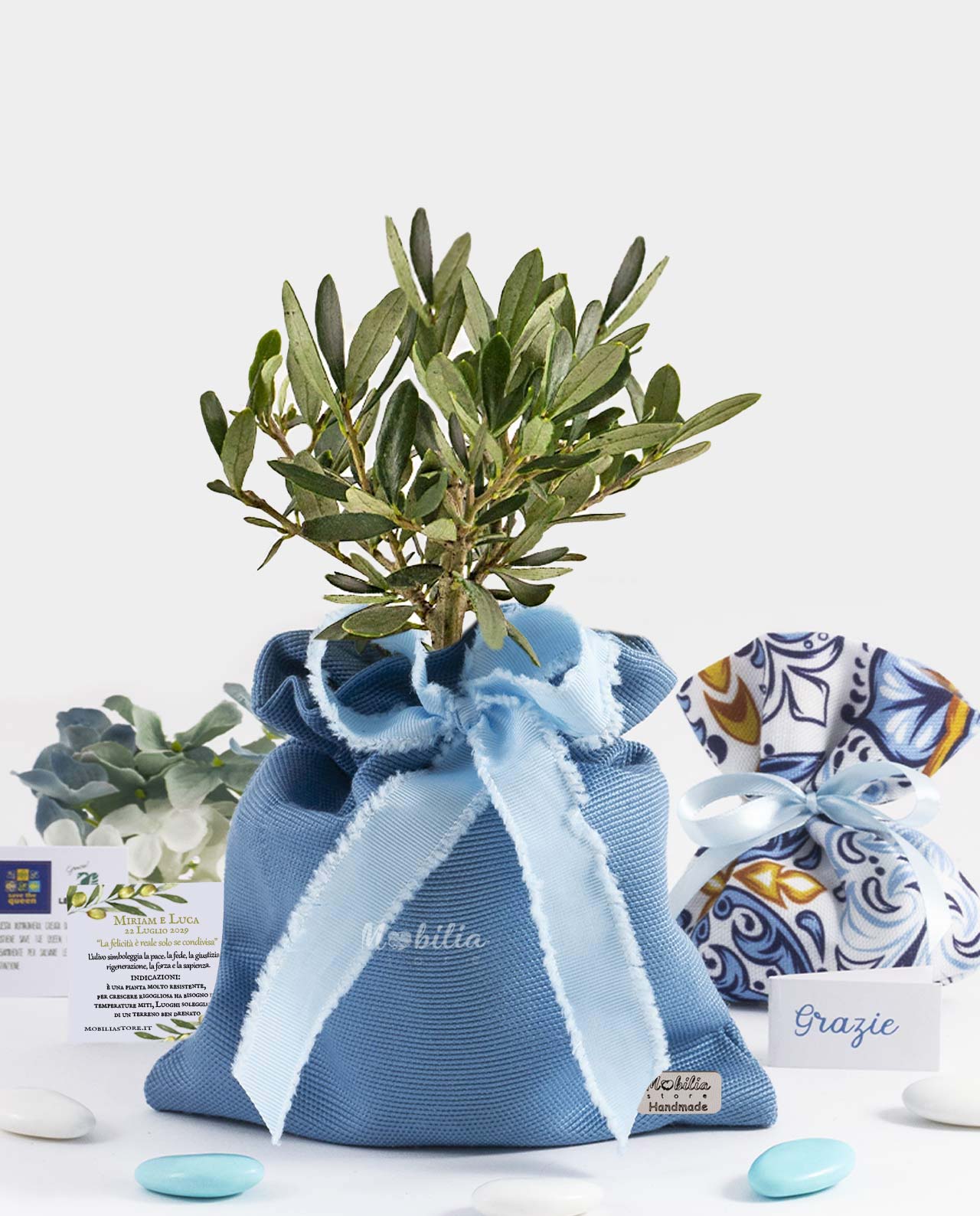 Bomboniera Legambiente piantina di ulivo D 10 cm con sacchetto maxi in cotone azzurro