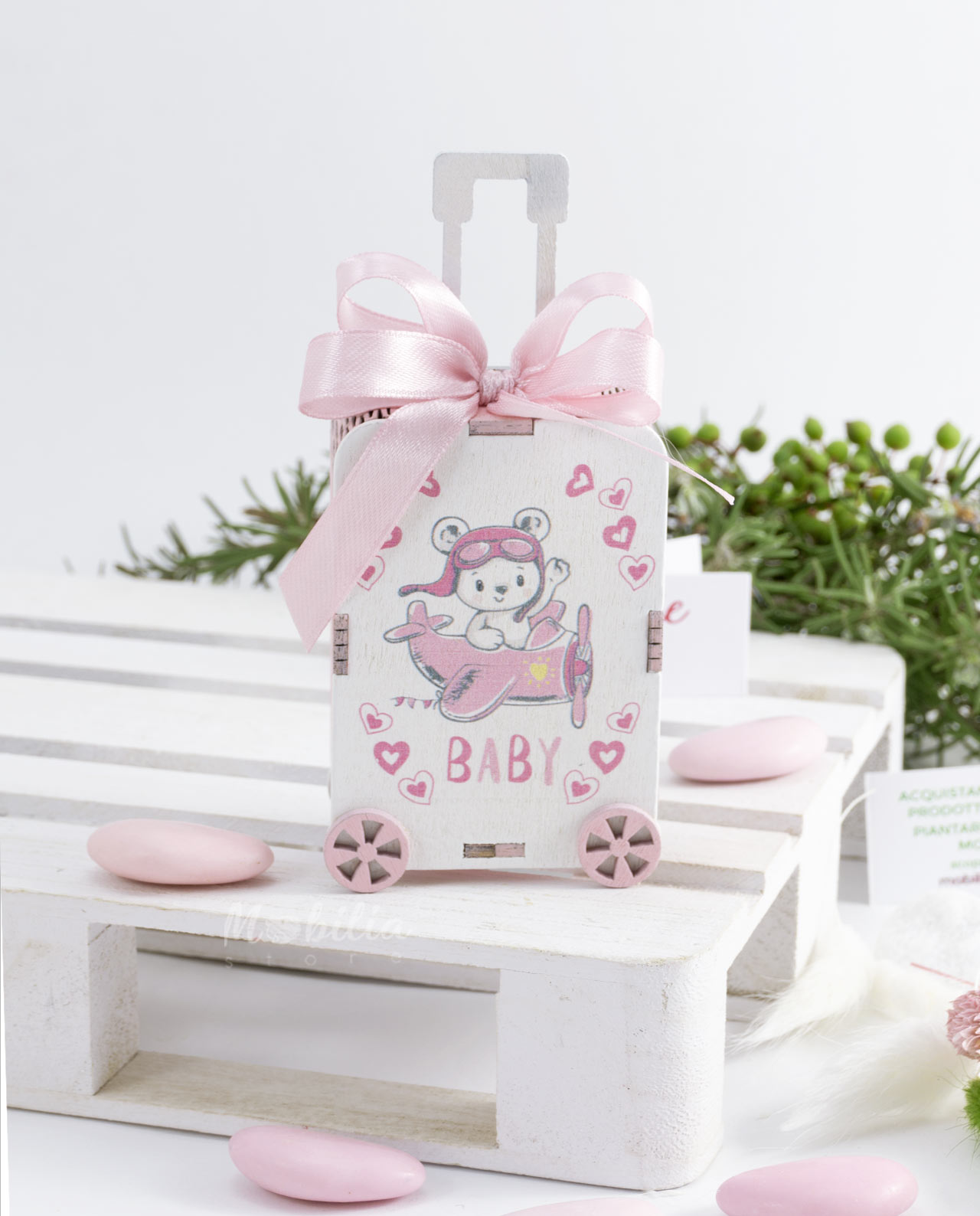 Bomboniera trolley portaconfetti in legno con orsetto rosa