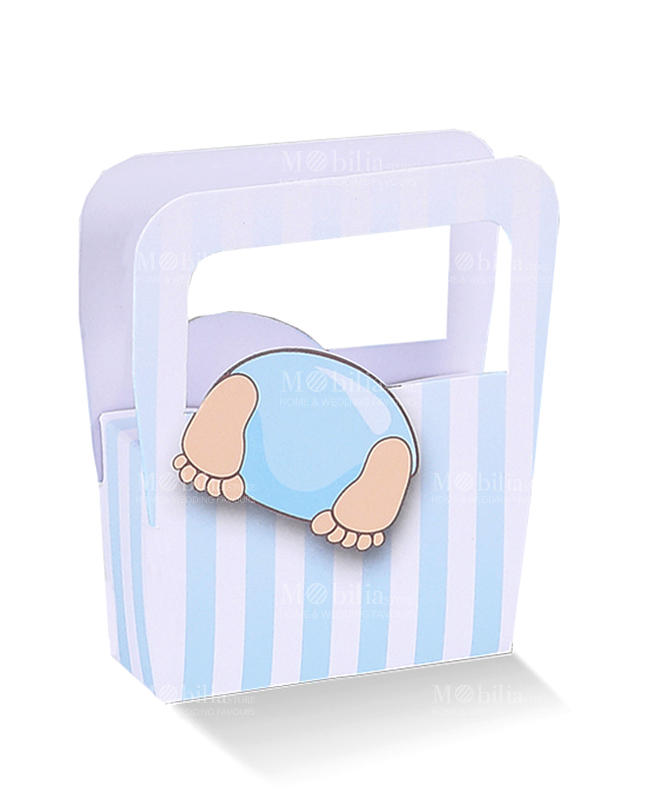 borsa cartoncino con bimbo con testa dentro celeste