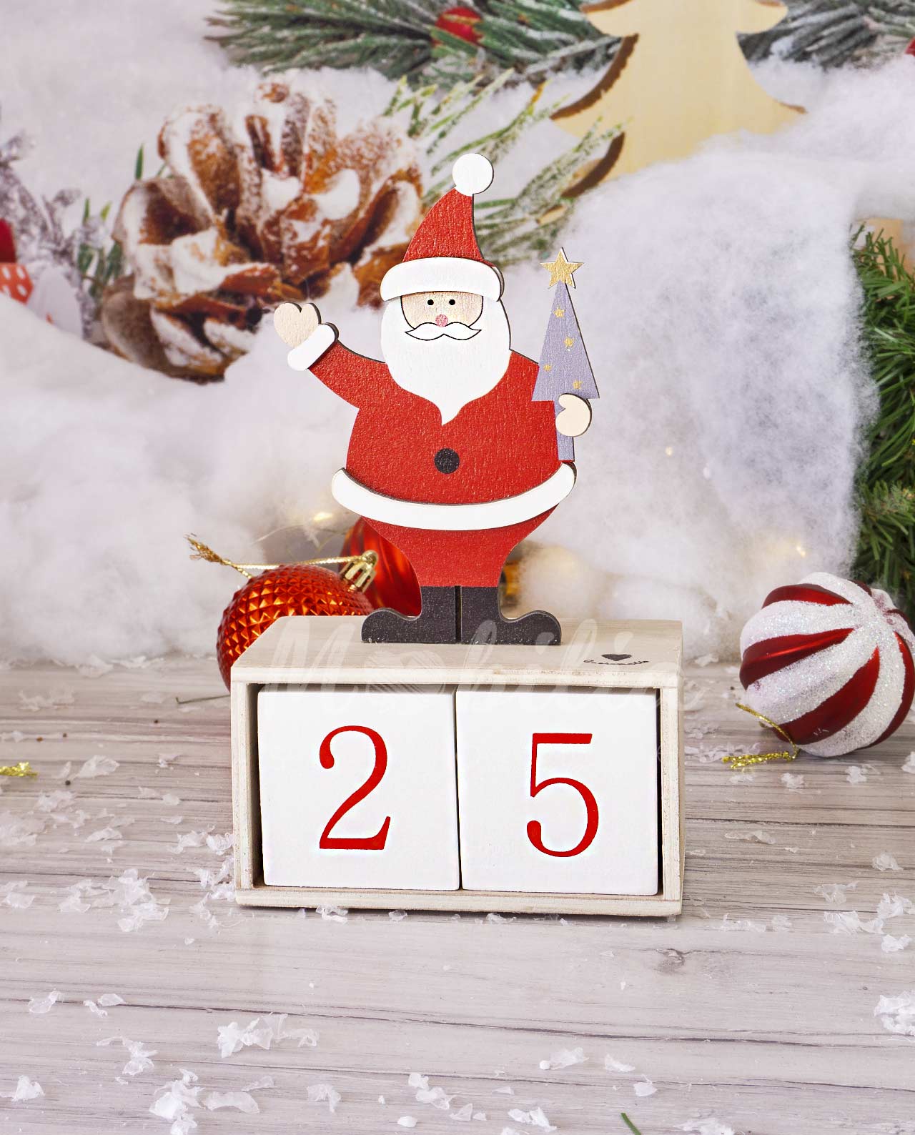 Calendario dell'avvento in legno con babbo natale e scatola