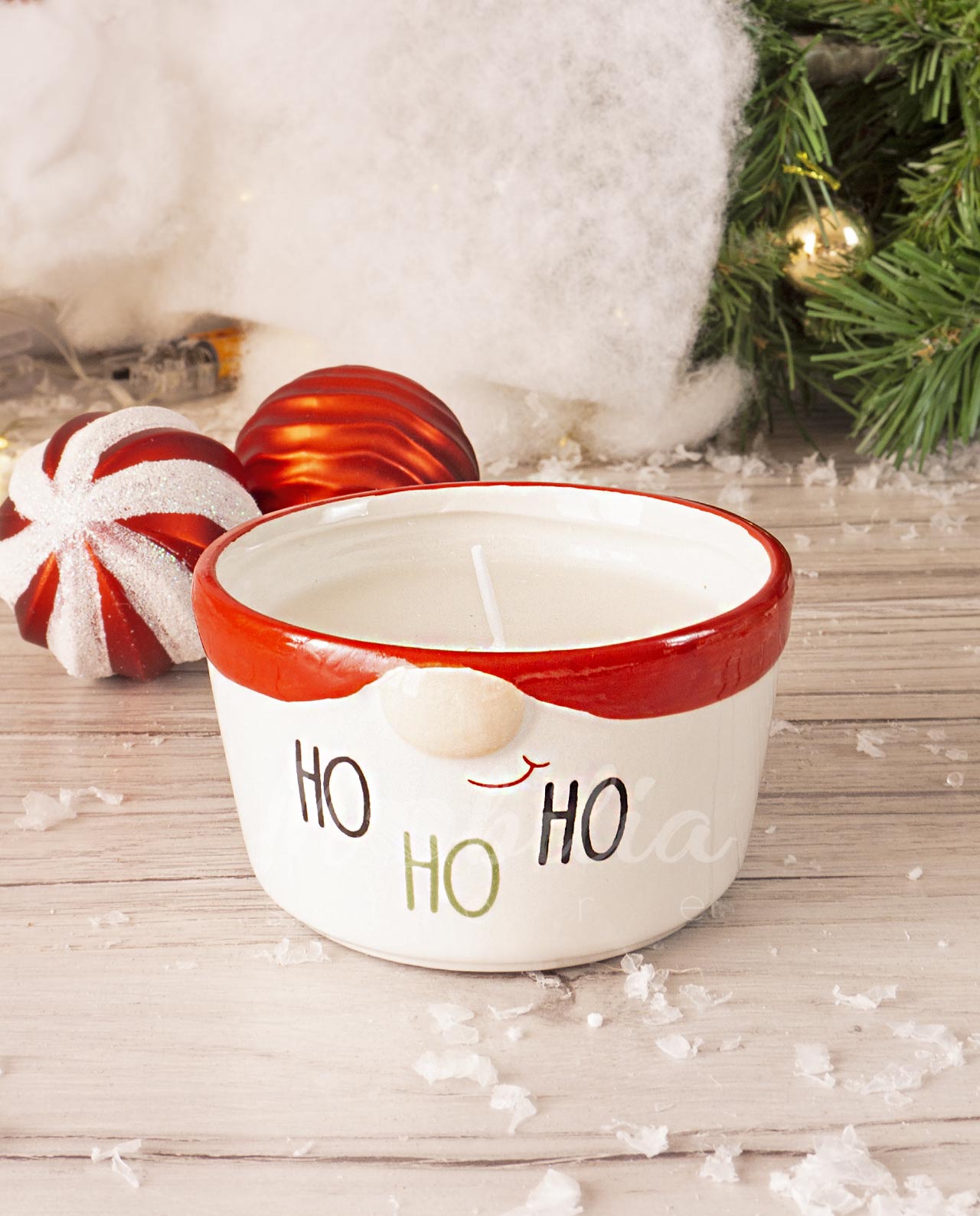 Candela gnomo in ceramica con scritta ho ho ho