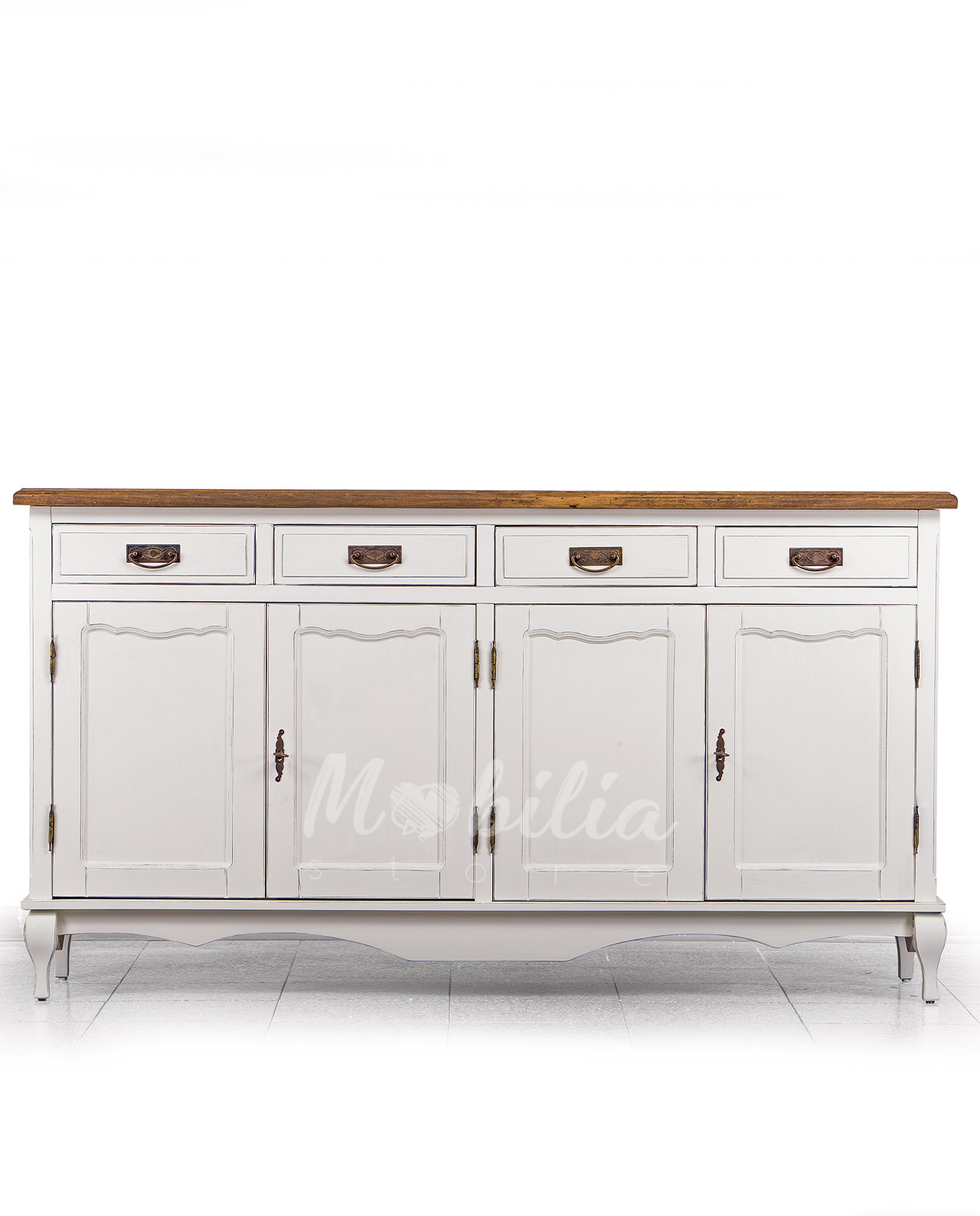 Credenza in legno stile shabby chic, quattro cassetti e quattro ante, colore avorio