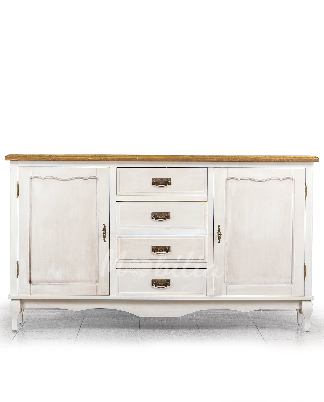 Credenza in legno stile Shabby chic, quattro cassetti e due ante, colore bianco anticato
