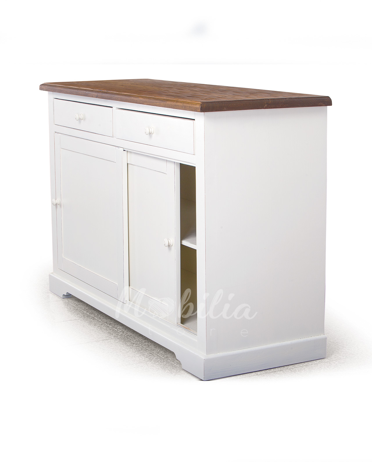 Credenza in legno stile provenzale, due cassetti e due ante scorrevoli, colore avorio