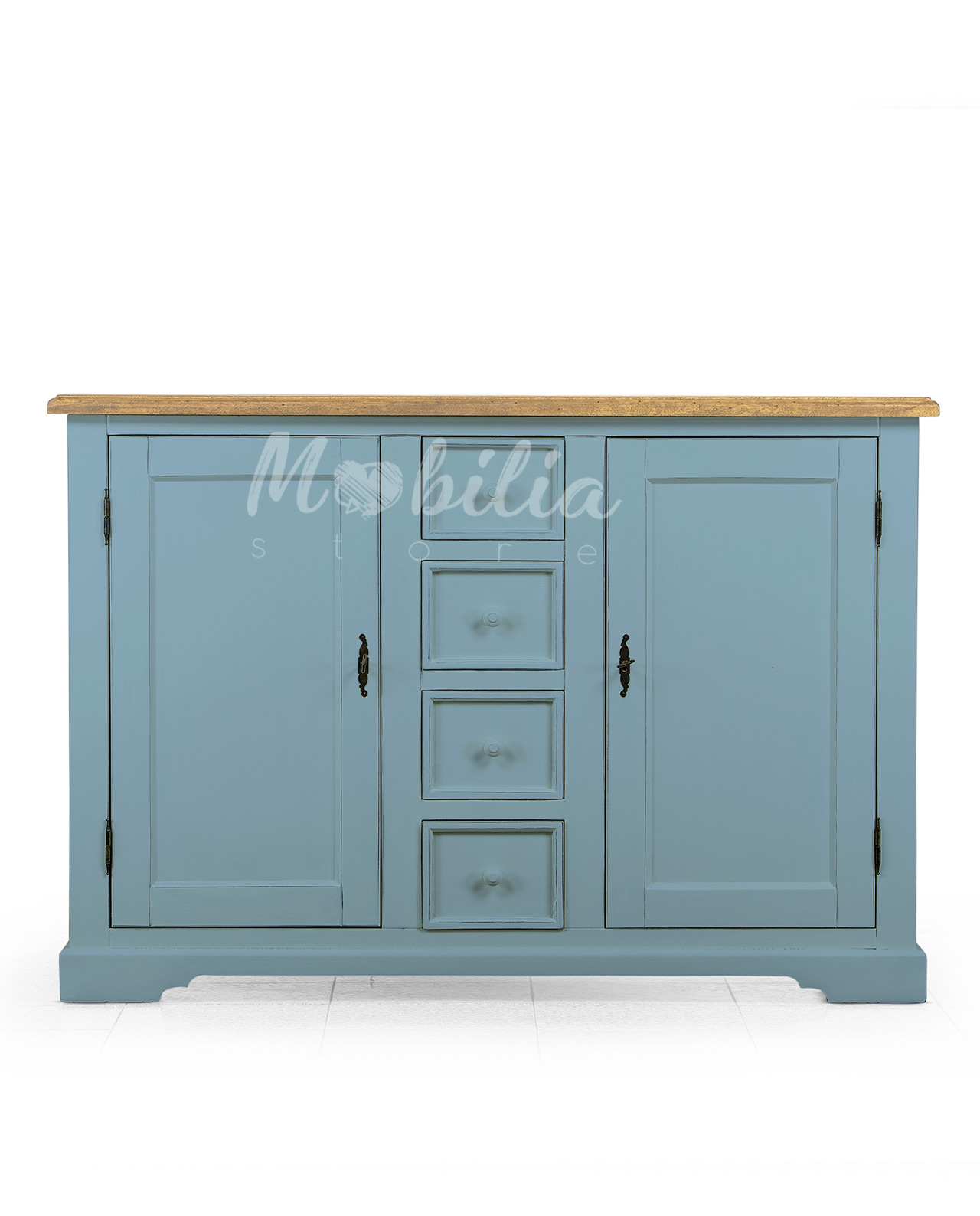 Credenza in legno stile Shabby chic, quattro cassetti e due ante, colore polvere