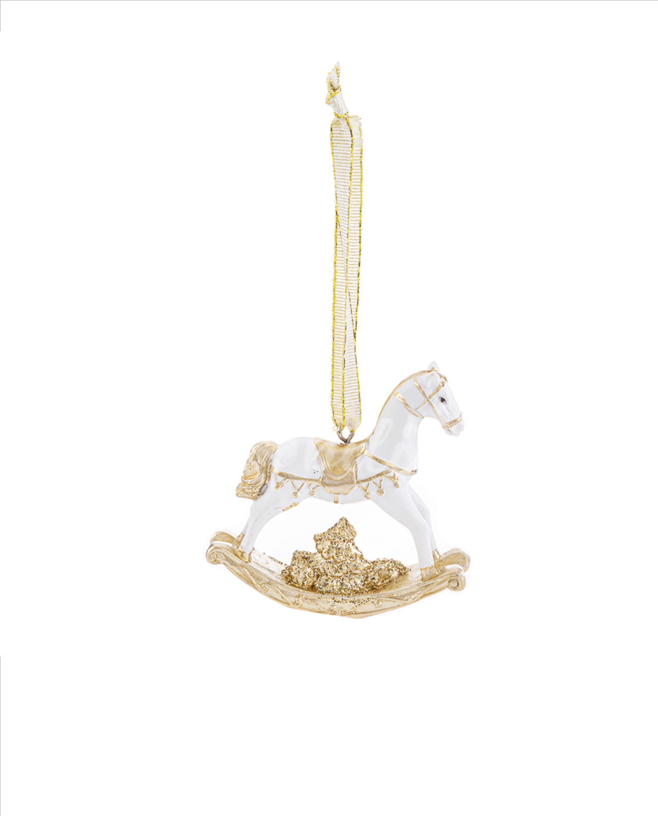 Cavallo a dondolo bianco da appendere con decori oro
