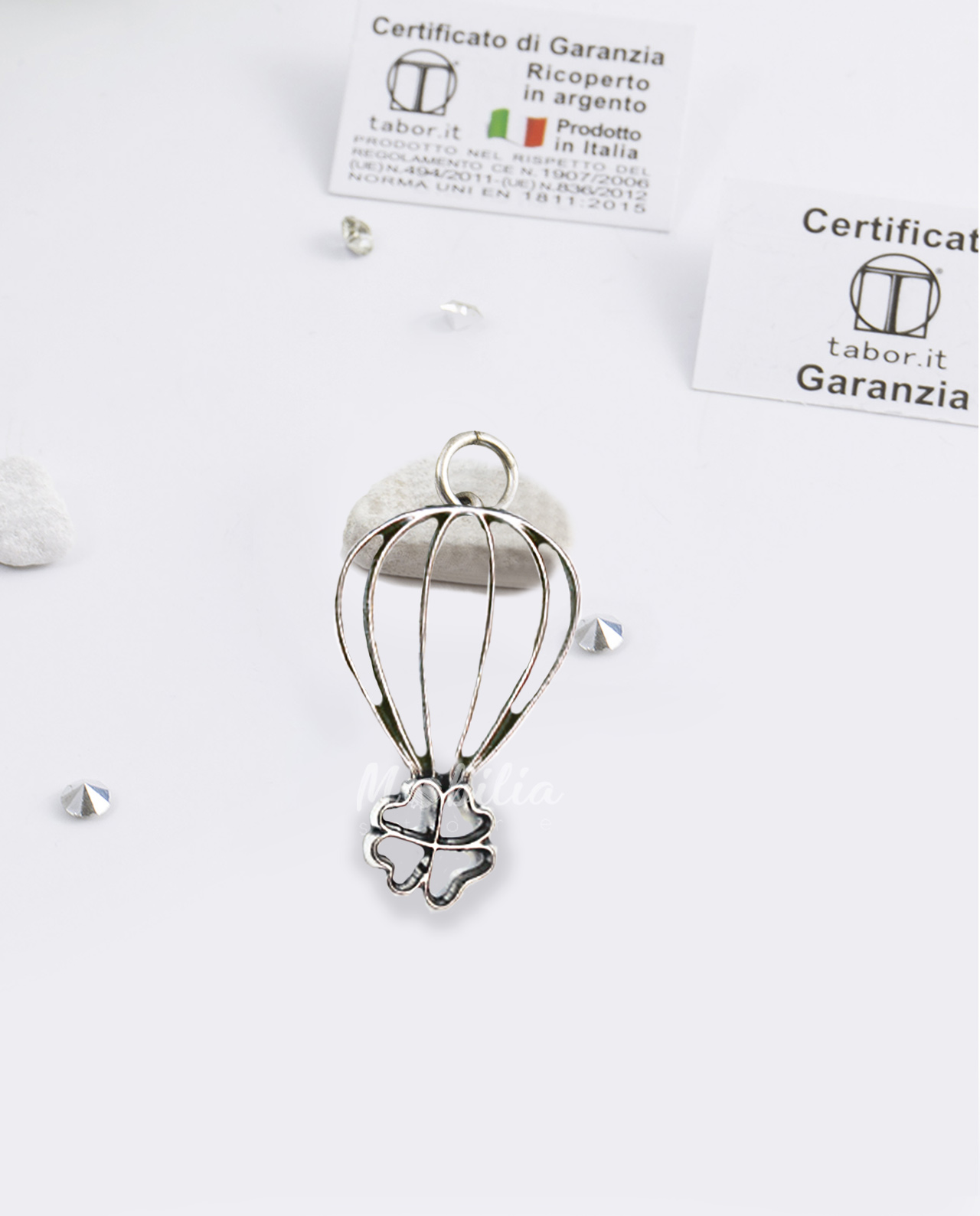 Ciondolo mongolfiera con quadrifoglio bagno argento Tabor