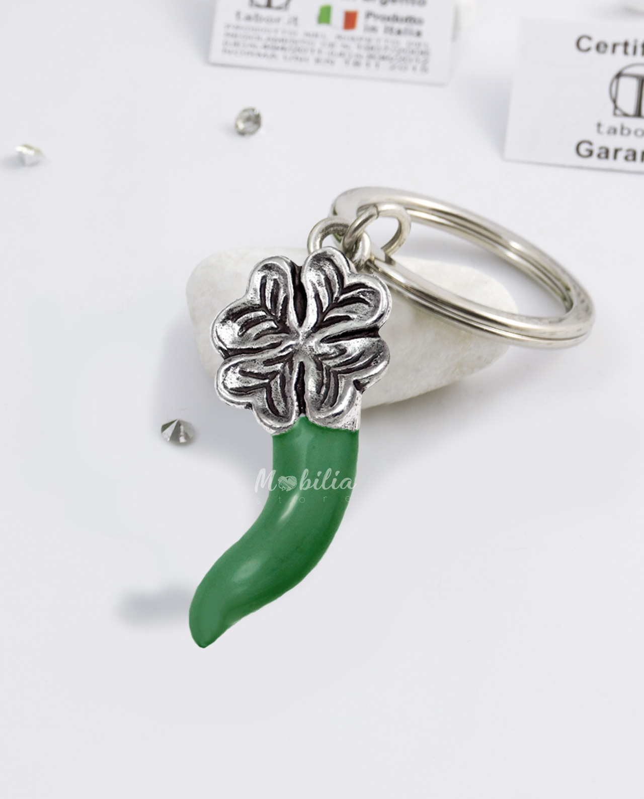 Portachiavi corno verde grande vari decori in metallo argentato Tabor