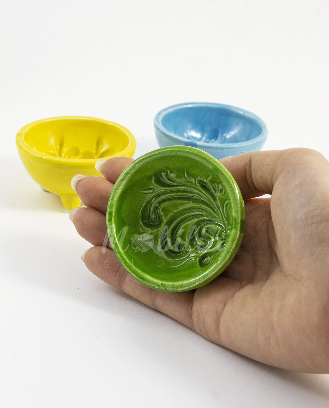 Formina per mostarda in ceramica di Caltagirone, verde, gialla e azzurra