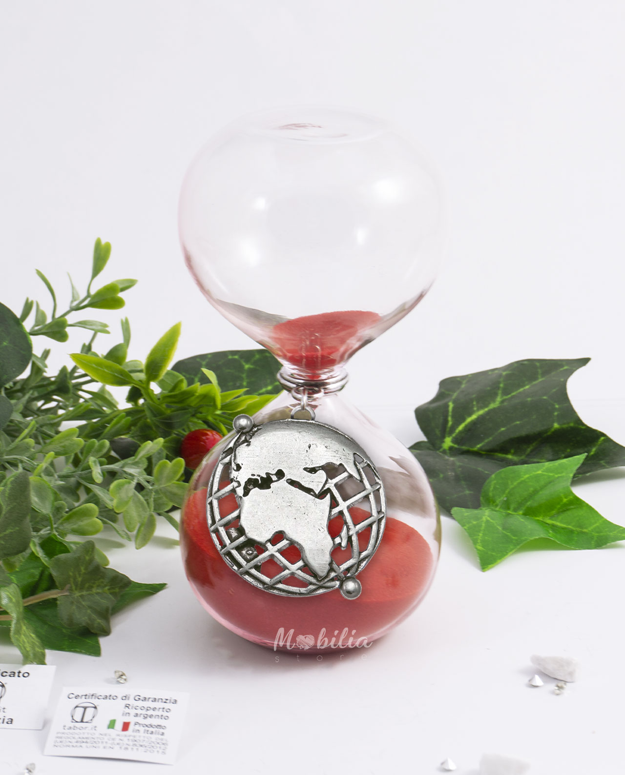 Bomboniera Clessidra grande sabbia rossa con ciondolo mappamondo bagno argento Tabor