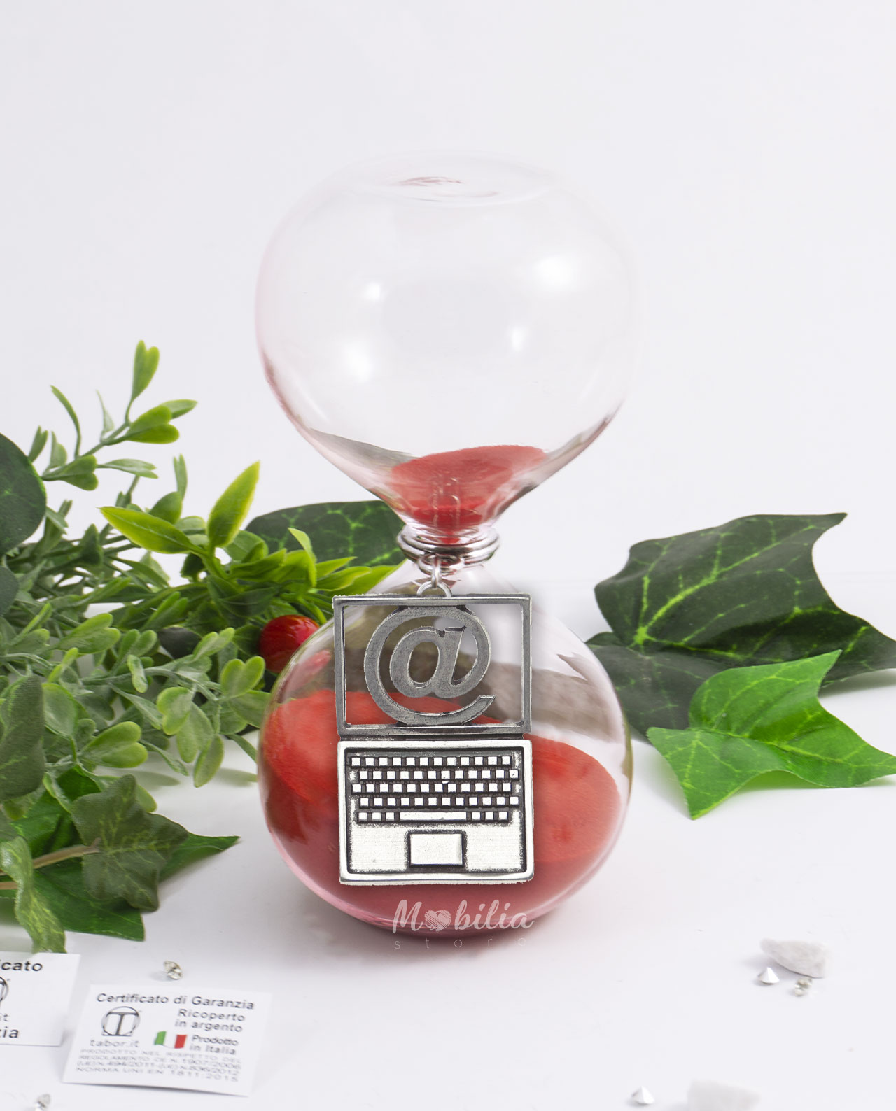 Bomboniera Clessidra grande sabbia rossa con ciondolo computer e chiocciola bagno argento Tabor