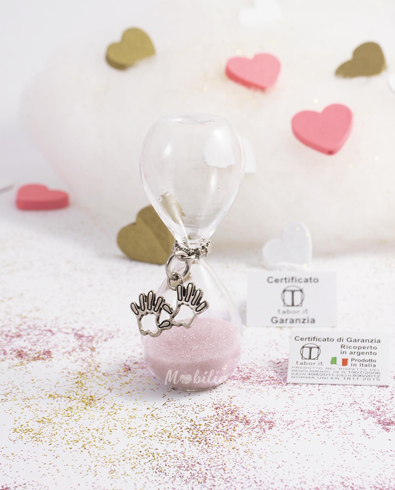 Bomboniera Clessidra sabbia rosa con vari ciondoli bimba bagno argento Tabor