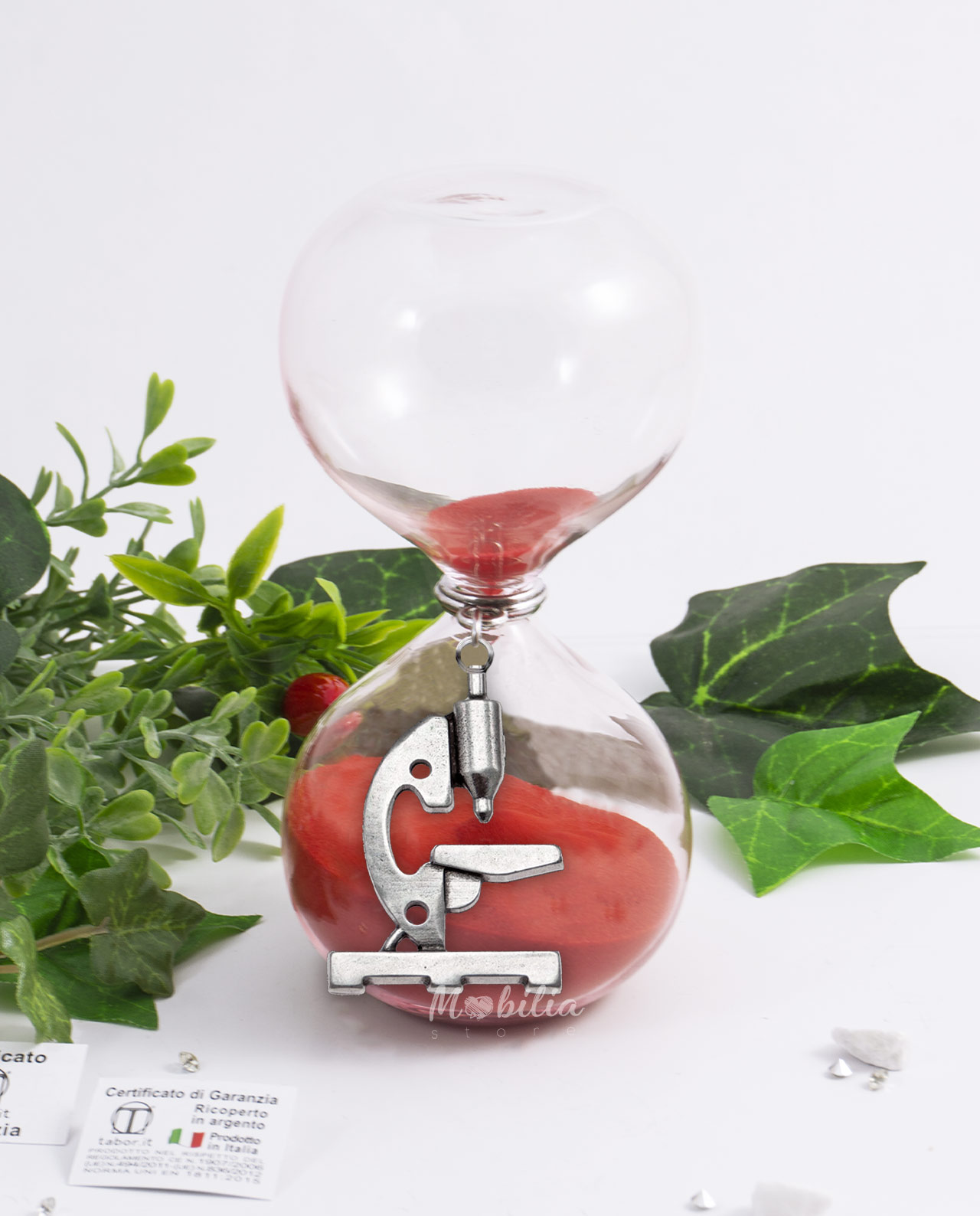 Bomboniera clessidra grande sabbia rossa con ciondolo microscopio bagno argento Tabor