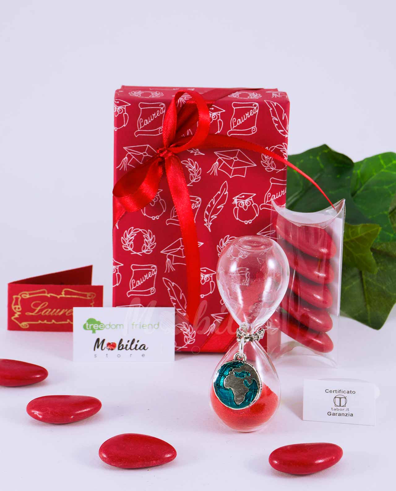 Bomboniera clessidra rossa con mondo bagno argento Tabor smaltato