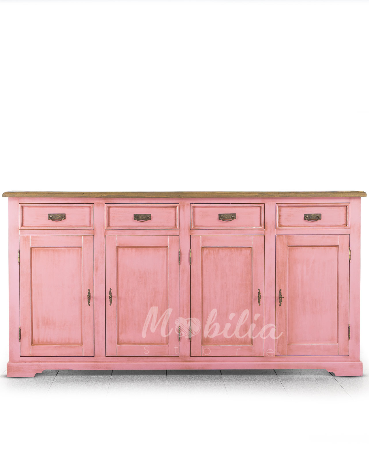 Credenza in legno stile shabby chic, quattro cassetti e quattro ante, colore rosa anticato