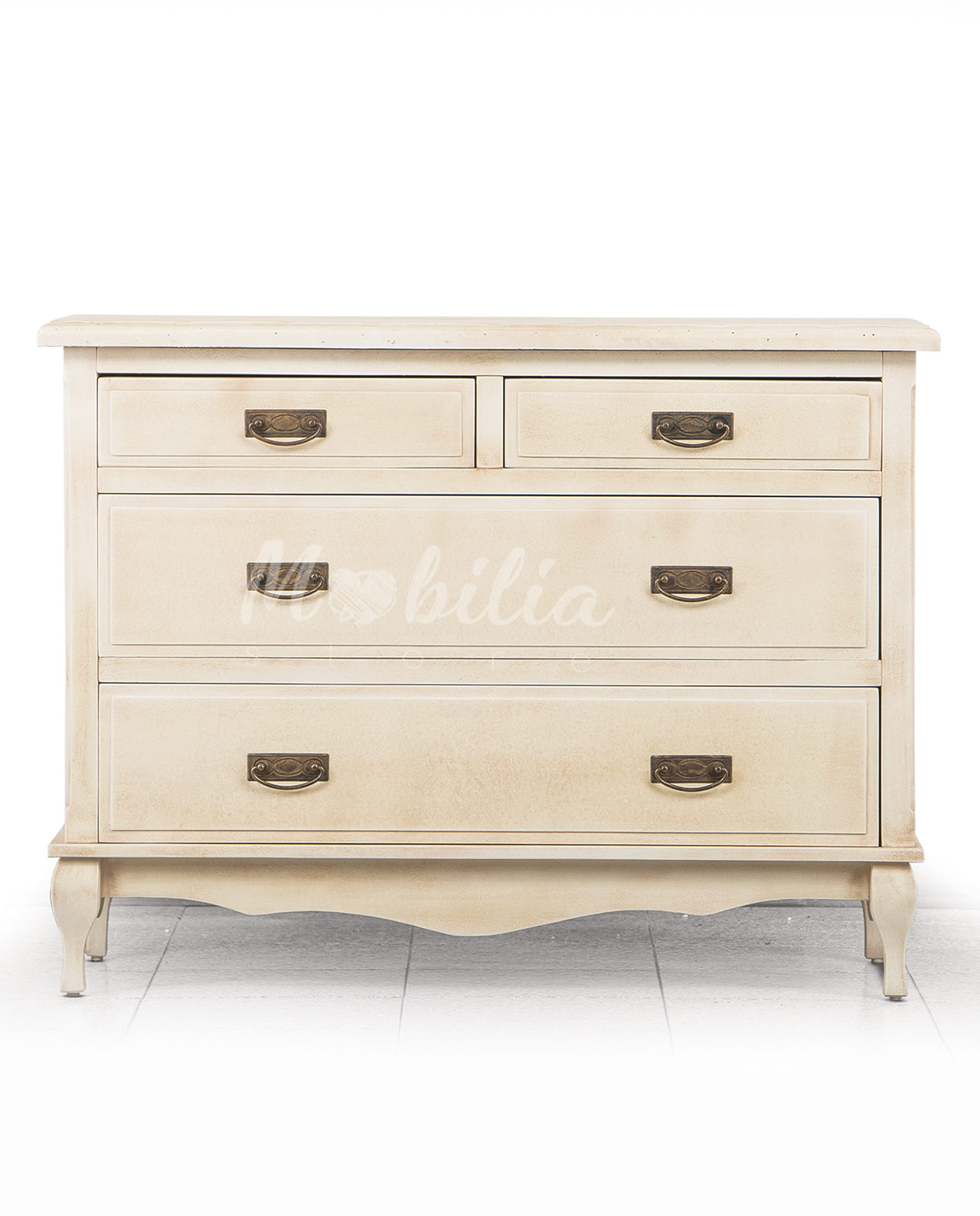 Comò in legno stile shabby chic, quattro cassetti, colore bucciardato