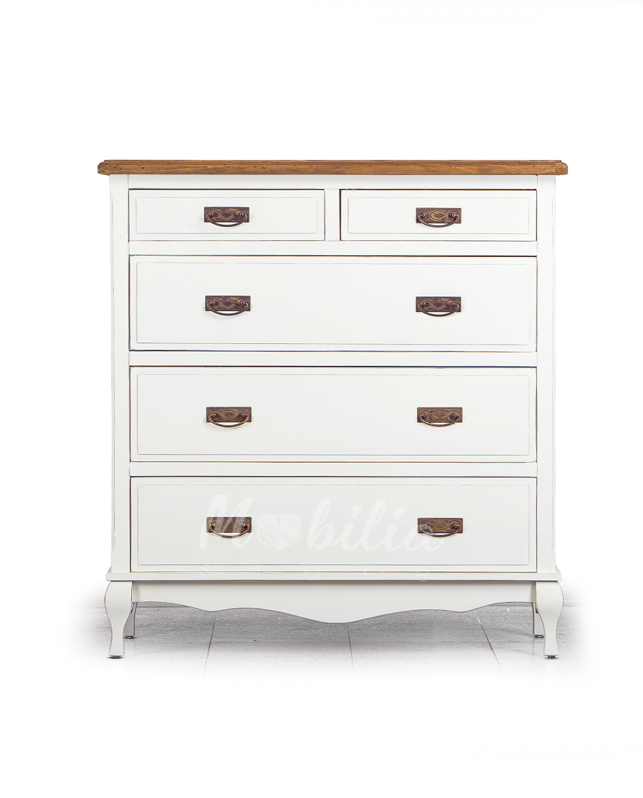 Comò in legno stile shabby chic, cinque cassetti, colore avorio