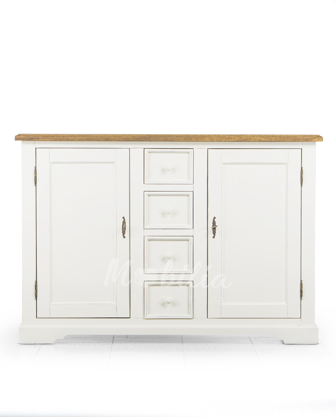 Credenza in legno stile Shabby chic, quattro cassetti e due ante, colore avorio